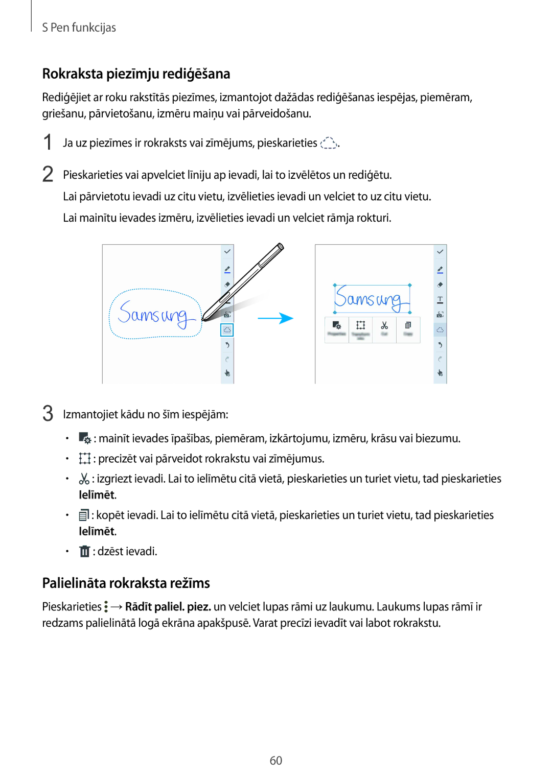 Samsung SM-N915FZKYSEB, SM-N915FZWYSEB manual Rokraksta piezīmju rediģēšana, Palielināta rokraksta režīms 