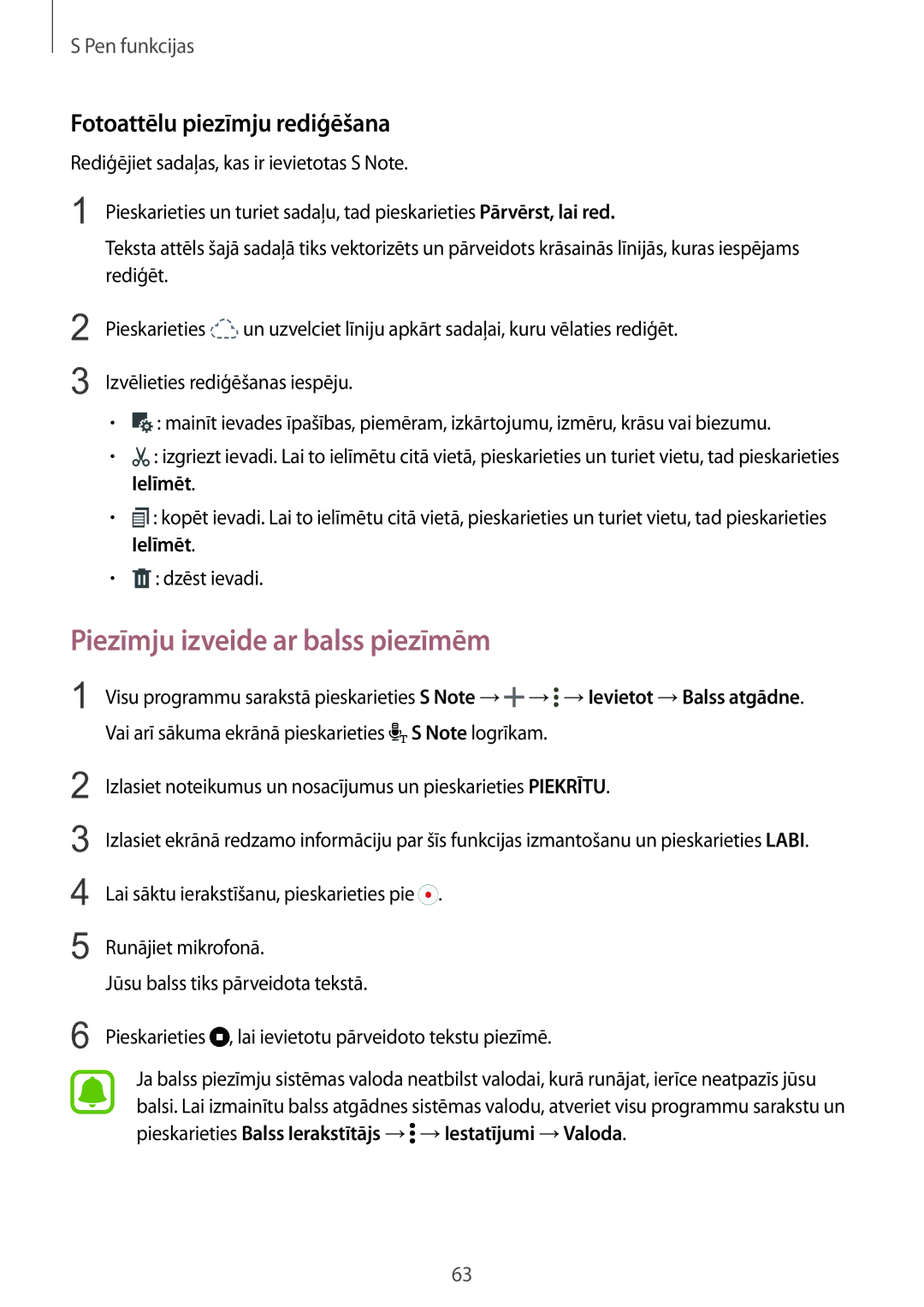 Samsung SM-N915FZWYSEB, SM-N915FZKYSEB manual Piezīmju izveide ar balss piezīmēm, Fotoattēlu piezīmju rediģēšana 