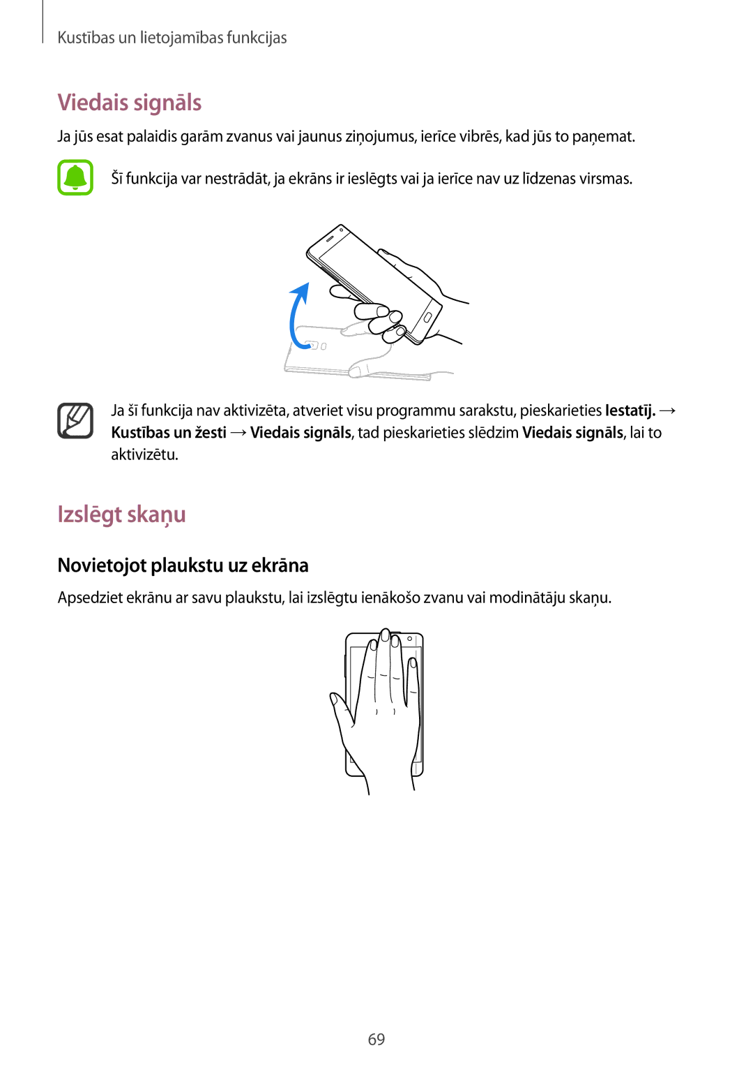 Samsung SM-N915FZWYSEB, SM-N915FZKYSEB manual Viedais signāls, Izslēgt skaņu, Novietojot plaukstu uz ekrāna 