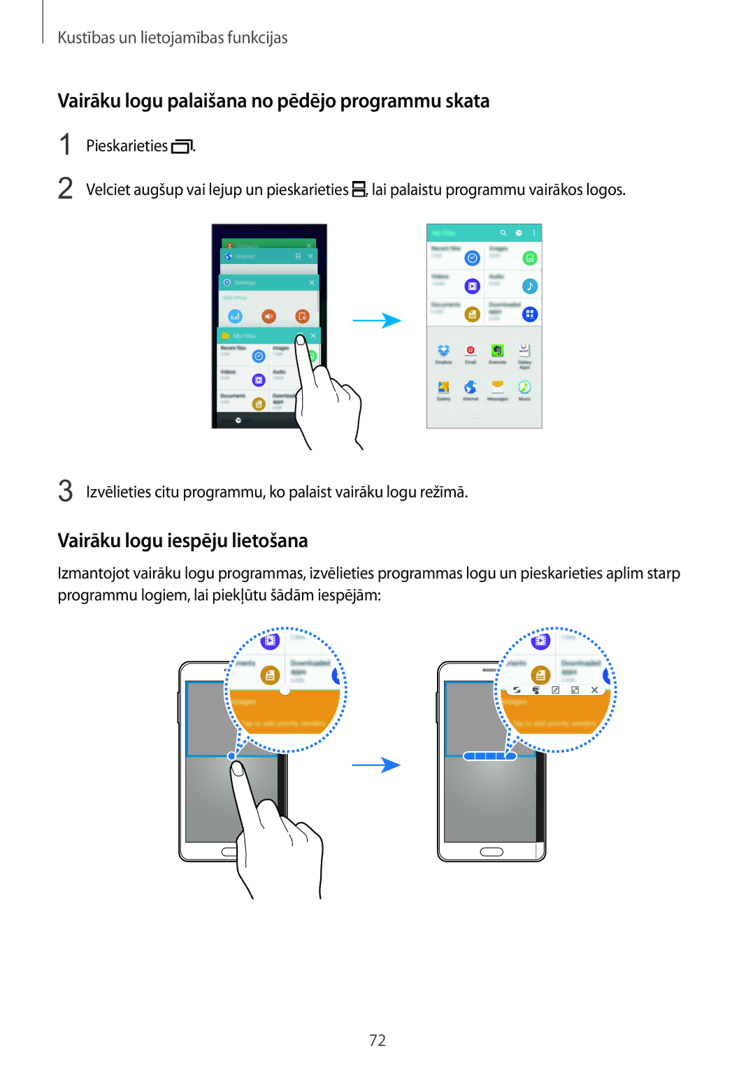 Samsung SM-N915FZKYSEB, SM-N915FZWYSEB Vairāku logu palaišana no pēdējo programmu skata, Vairāku logu iespēju lietošana 