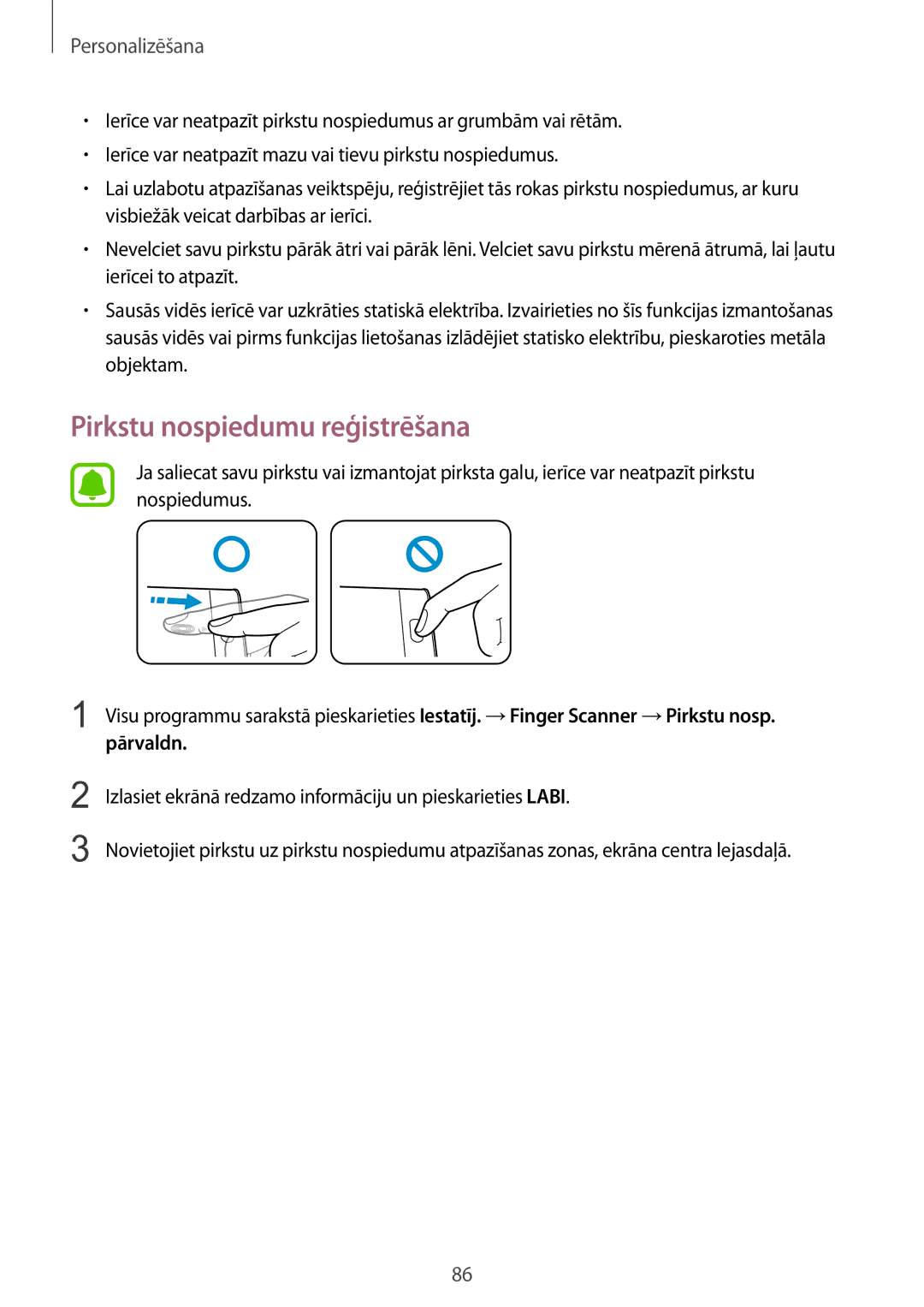 Samsung SM-N915FZKYSEB, SM-N915FZWYSEB manual Pirkstu nospiedumu reģistrēšana, Pārvaldn 