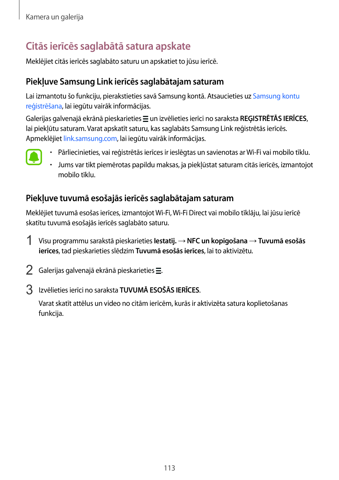 Samsung SM-N915FZWYSEB manual Citās ierīcēs saglabātā satura apskate, Piekļuve Samsung Link ierīcēs saglabātajam saturam 