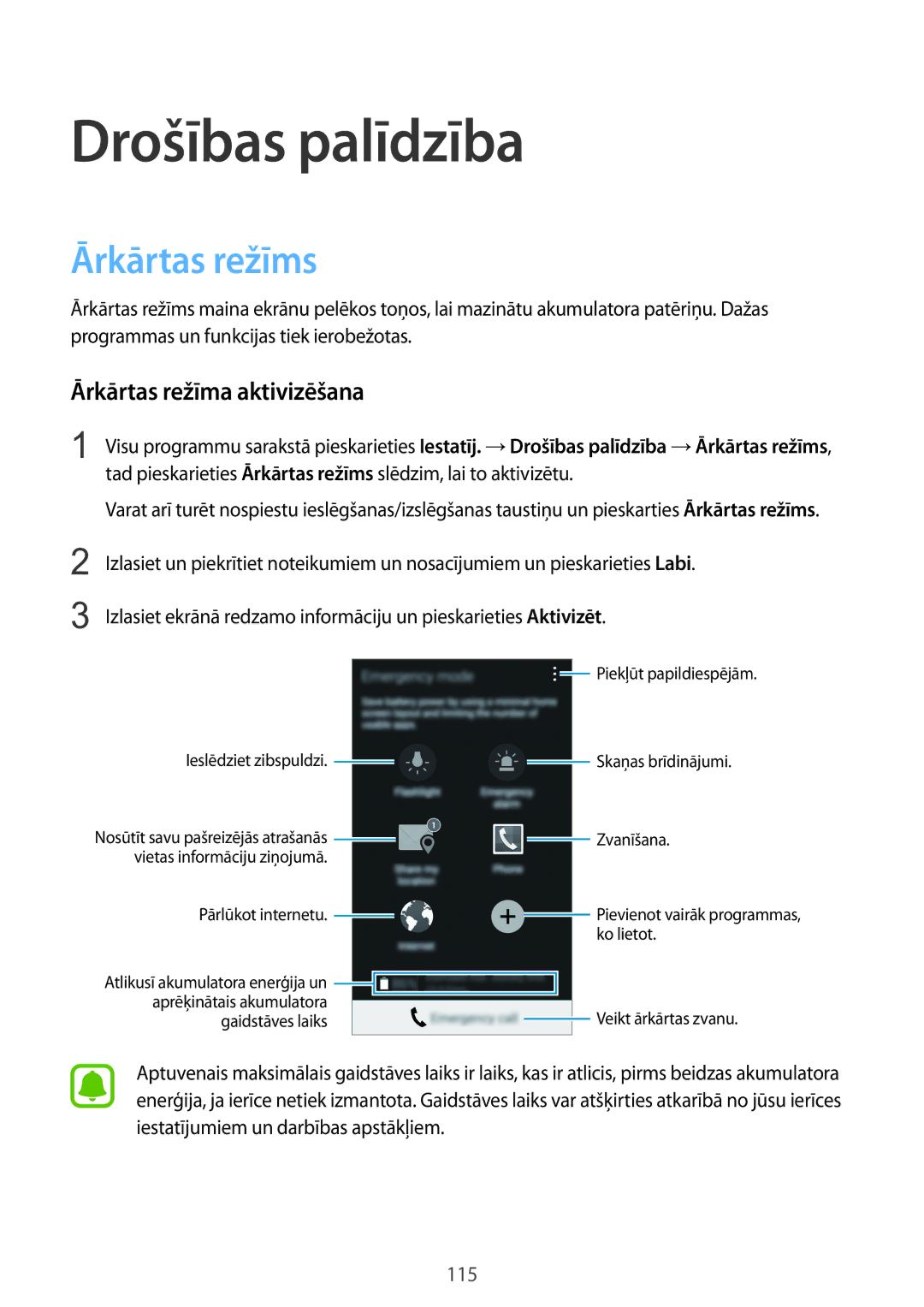 Samsung SM-N915FZWYSEB, SM-N915FZKYSEB manual Drošības palīdzība, Ārkārtas režīms, Ārkārtas režīma aktivizēšana 