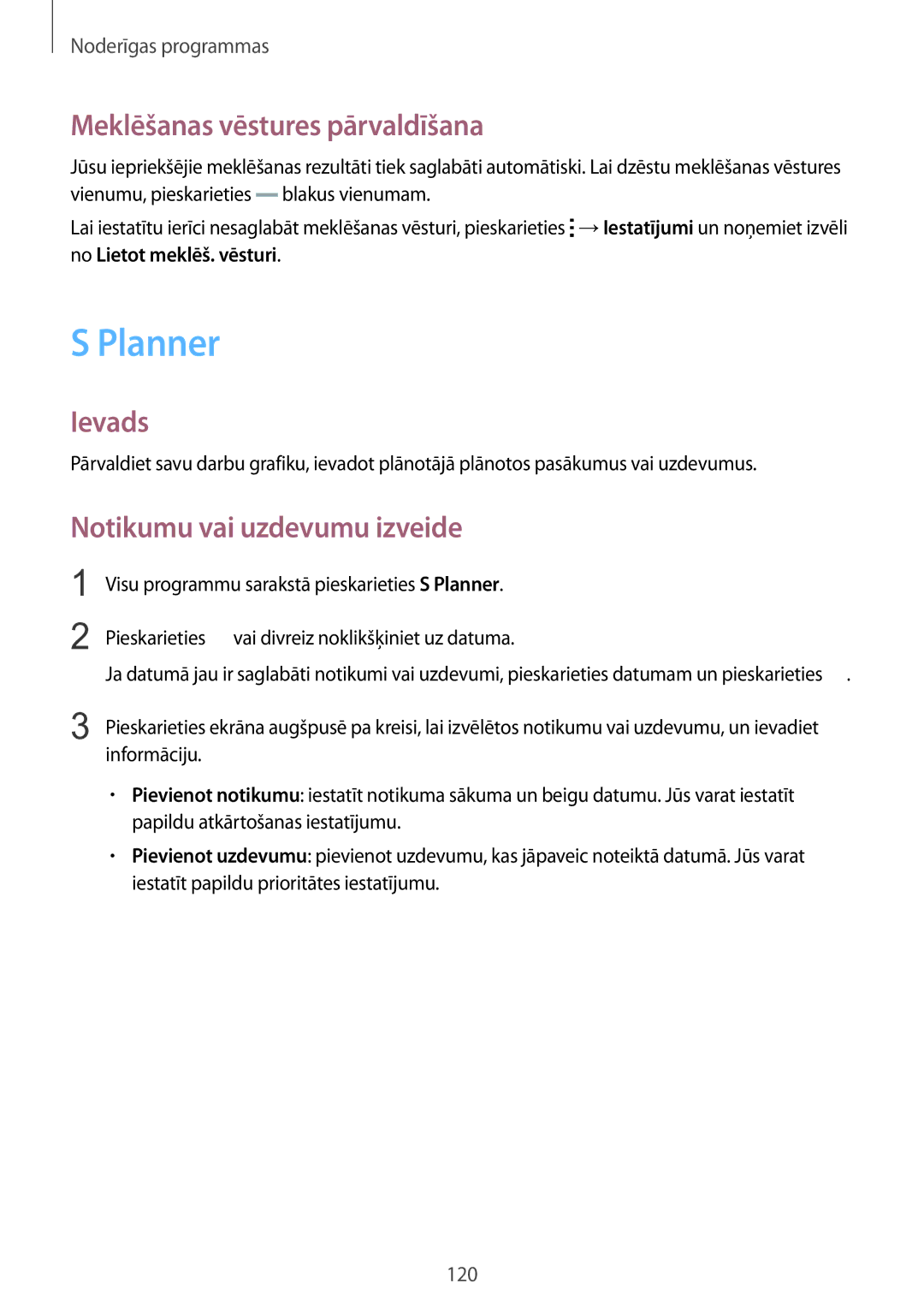 Samsung SM-N915FZKYSEB, SM-N915FZWYSEB manual Planner, Meklēšanas vēstures pārvaldīšana, Notikumu vai uzdevumu izveide 