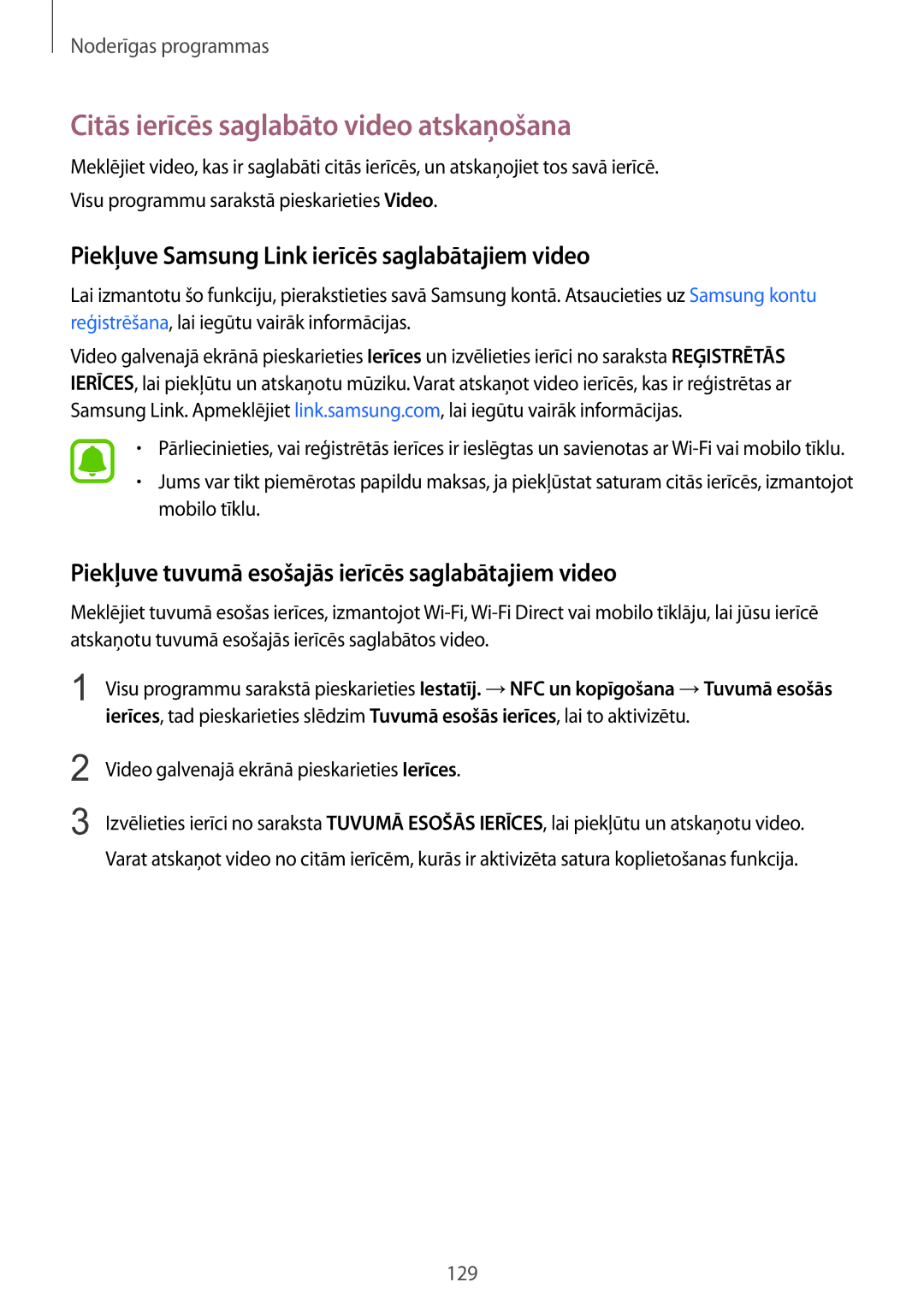 Samsung SM-N915FZWYSEB manual Citās ierīcēs saglabāto video atskaņošana, Piekļuve Samsung Link ierīcēs saglabātajiem video 