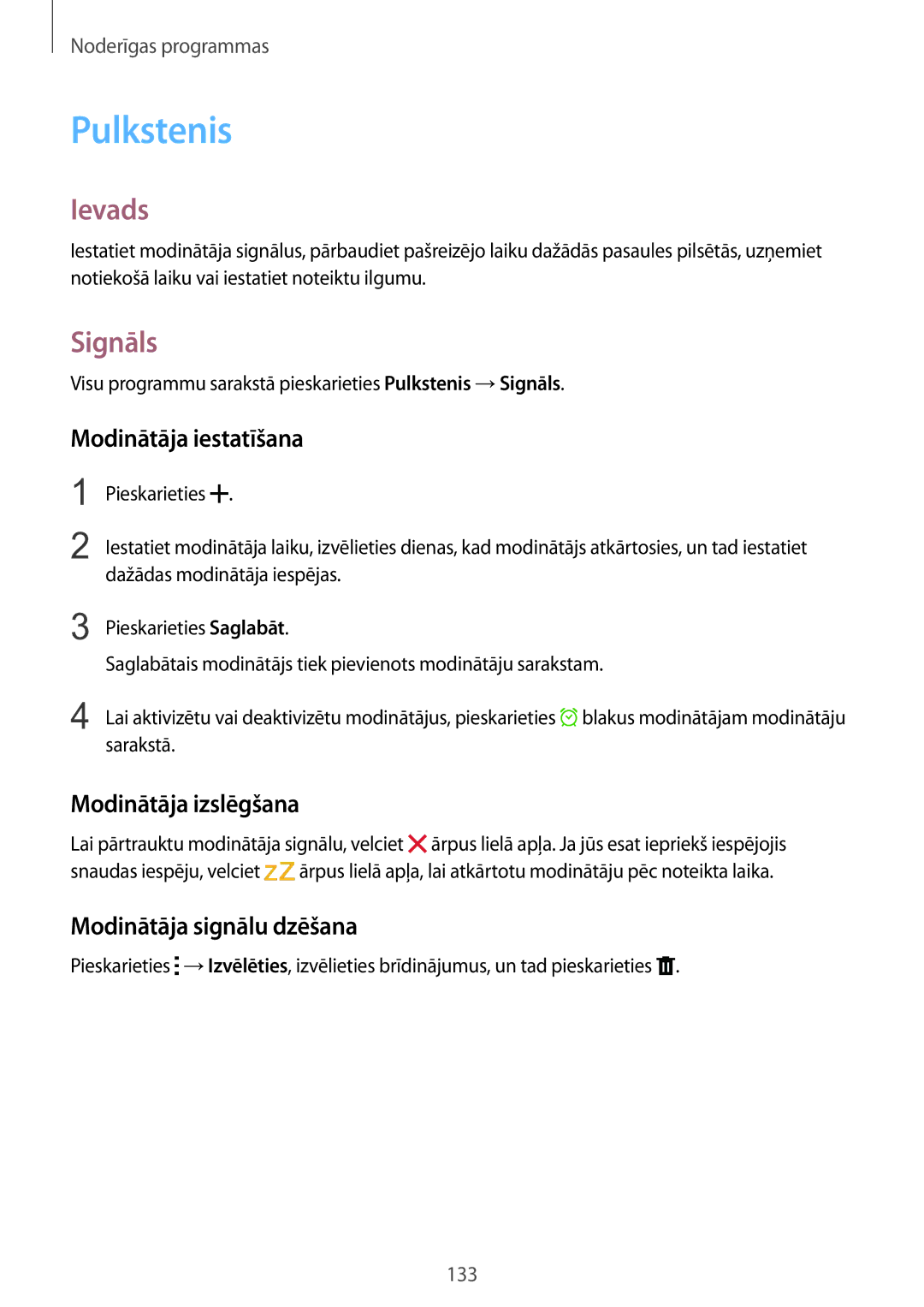 Samsung SM-N915FZWYSEB Pulkstenis, Signāls, Modinātāja iestatīšana, Modinātāja izslēgšana, Modinātāja signālu dzēšana 