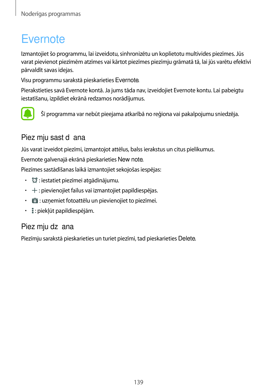 Samsung SM-N915FZWYSEB, SM-N915FZKYSEB manual Evernote, Piezīmju sastādīšana, Piezīmju dzēšana 