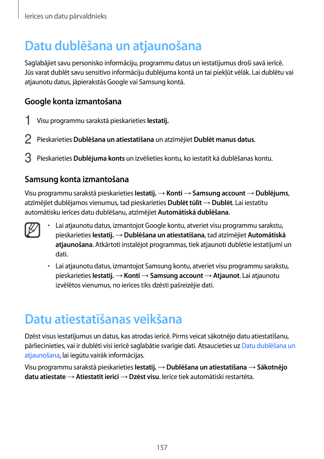 Samsung SM-N915FZWYSEB manual Datu dublēšana un atjaunošana, Datu atiestatīšanas veikšana, Google konta izmantošana 