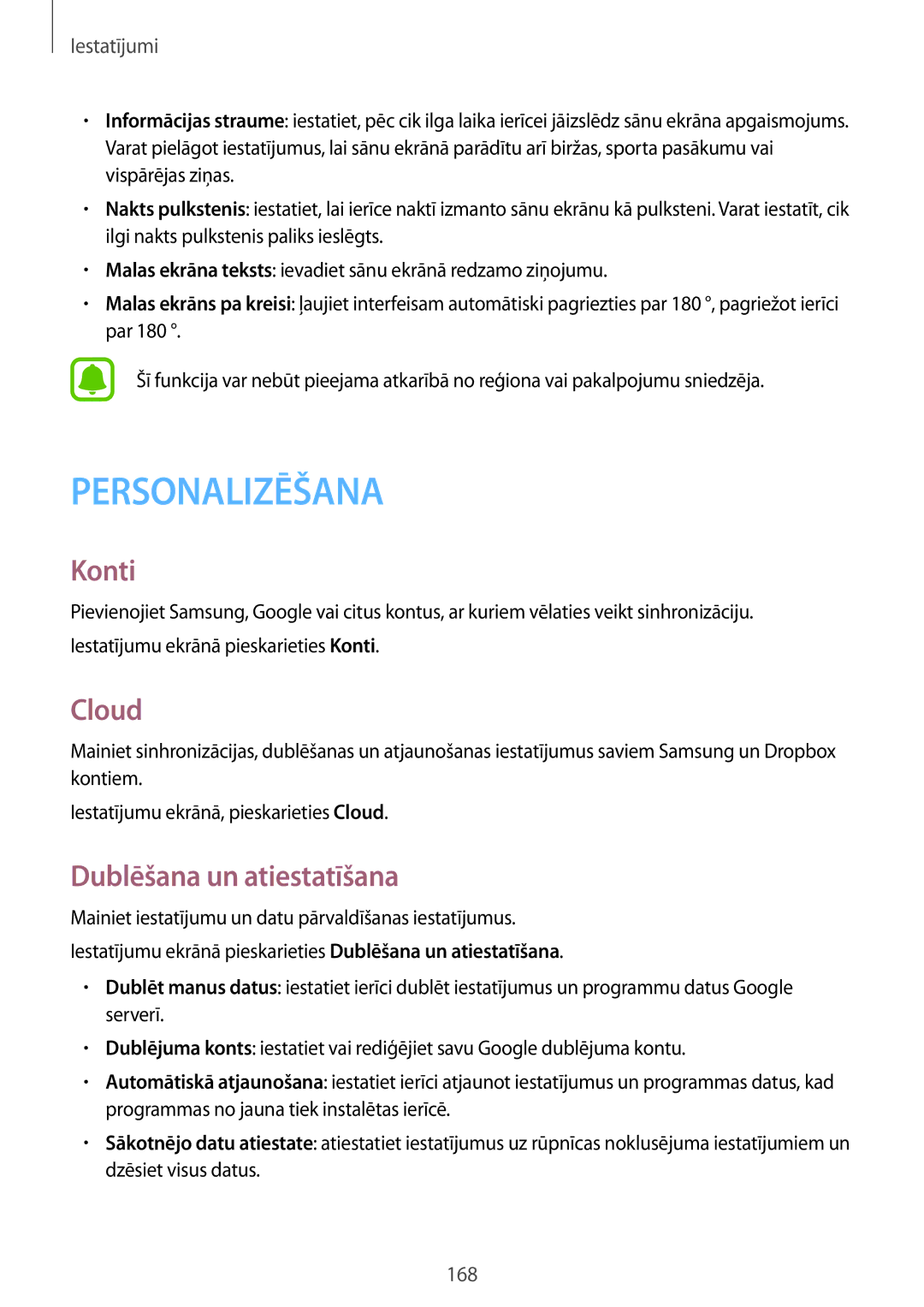 Samsung SM-N915FZKYSEB, SM-N915FZWYSEB manual Konti, Cloud, Dublēšana un atiestatīšana 