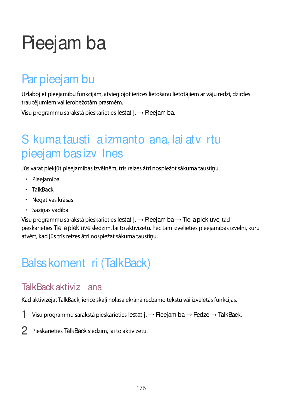Samsung SM-N915FZKYSEB, SM-N915FZWYSEB manual Pieejamība, Par pieejamību, Balss komentāri TalkBack, TalkBack aktivizēšana 