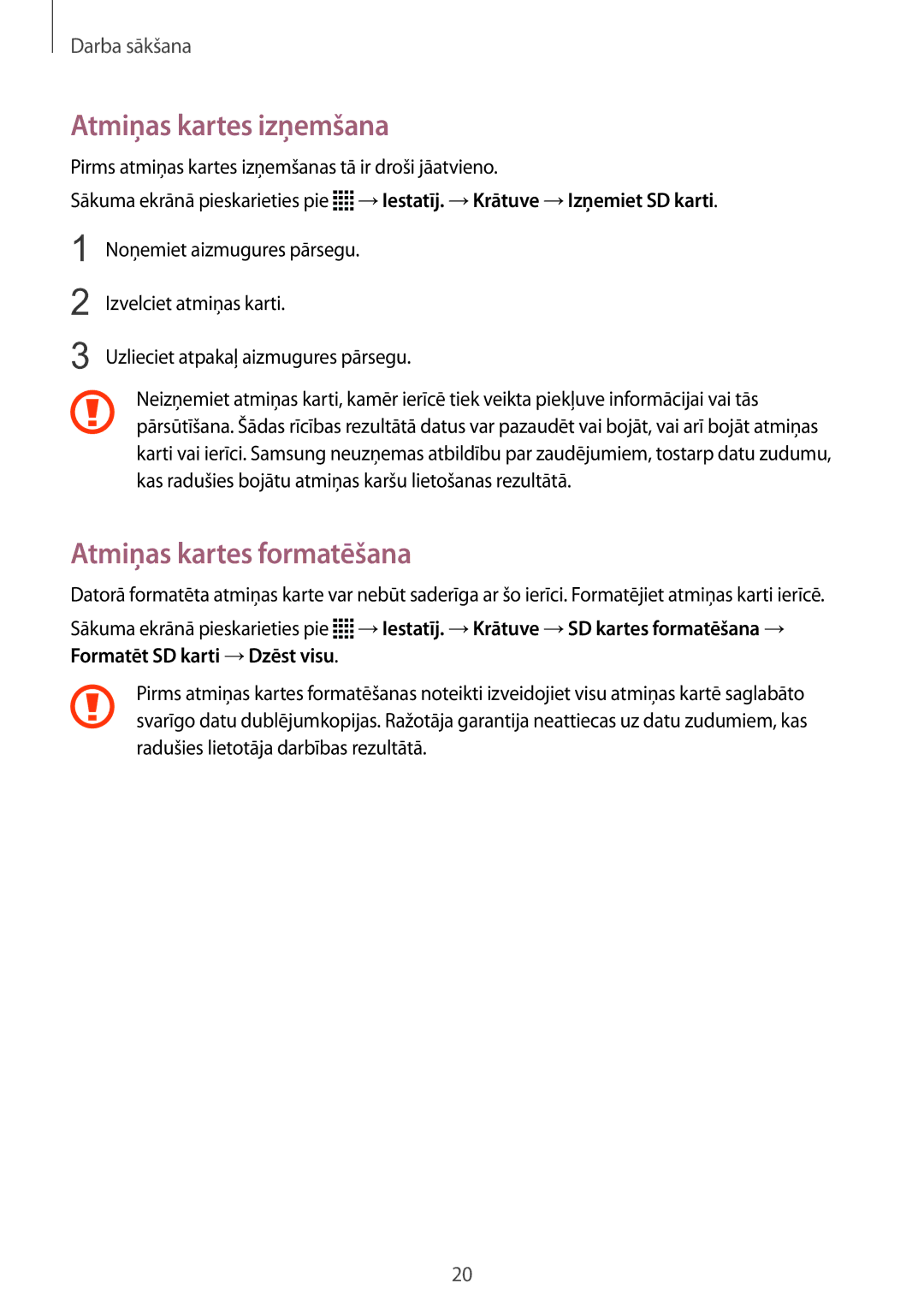 Samsung SM-N915FZKYSEB, SM-N915FZWYSEB manual Atmiņas kartes izņemšana, Atmiņas kartes formatēšana 