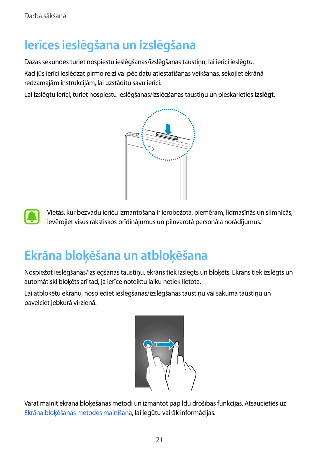 Samsung SM-N915FZWYSEB, SM-N915FZKYSEB manual Ierīces ieslēgšana un izslēgšana, Ekrāna bloķēšana un atbloķēšana 
