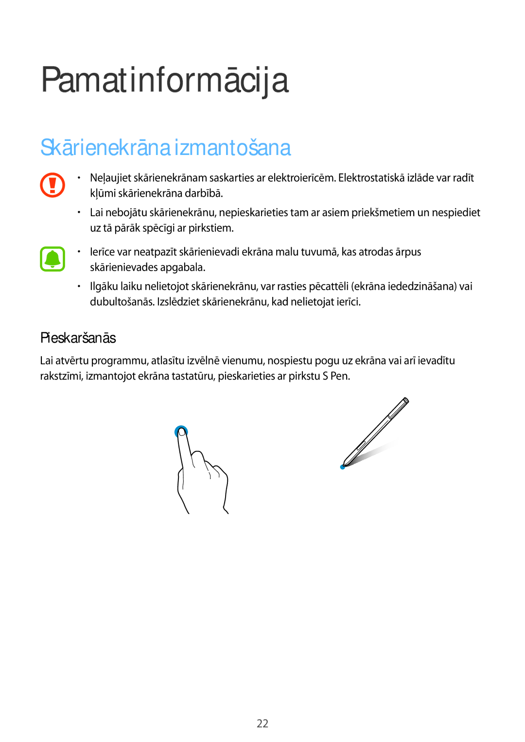 Samsung SM-N915FZKYSEB, SM-N915FZWYSEB manual Pamatinformācija, Skārienekrāna izmantošana, Pieskaršanās 