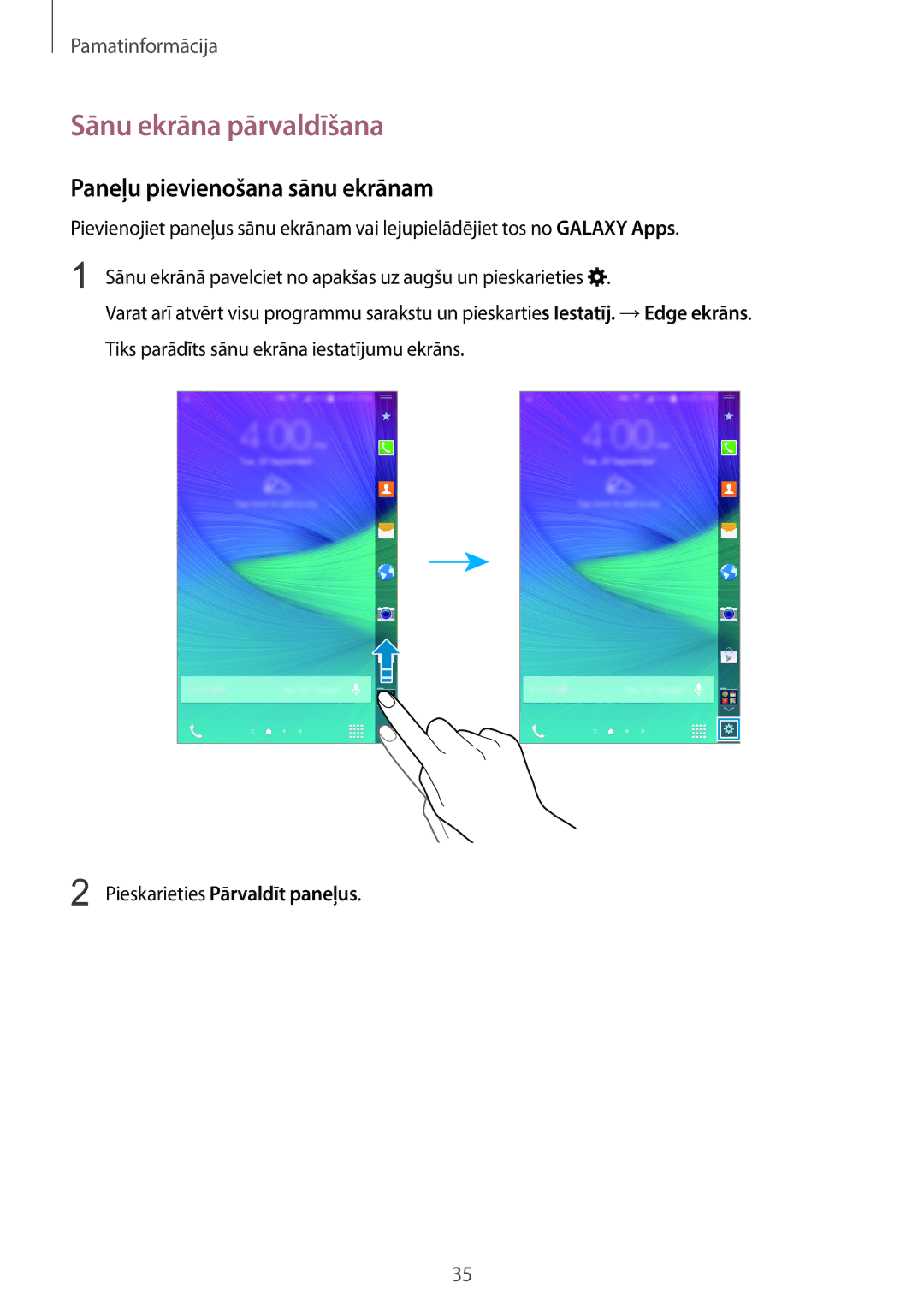 Samsung SM-N915FZWYSEB, SM-N915FZKYSEB manual Sānu ekrāna pārvaldīšana, Paneļu pievienošana sānu ekrānam 