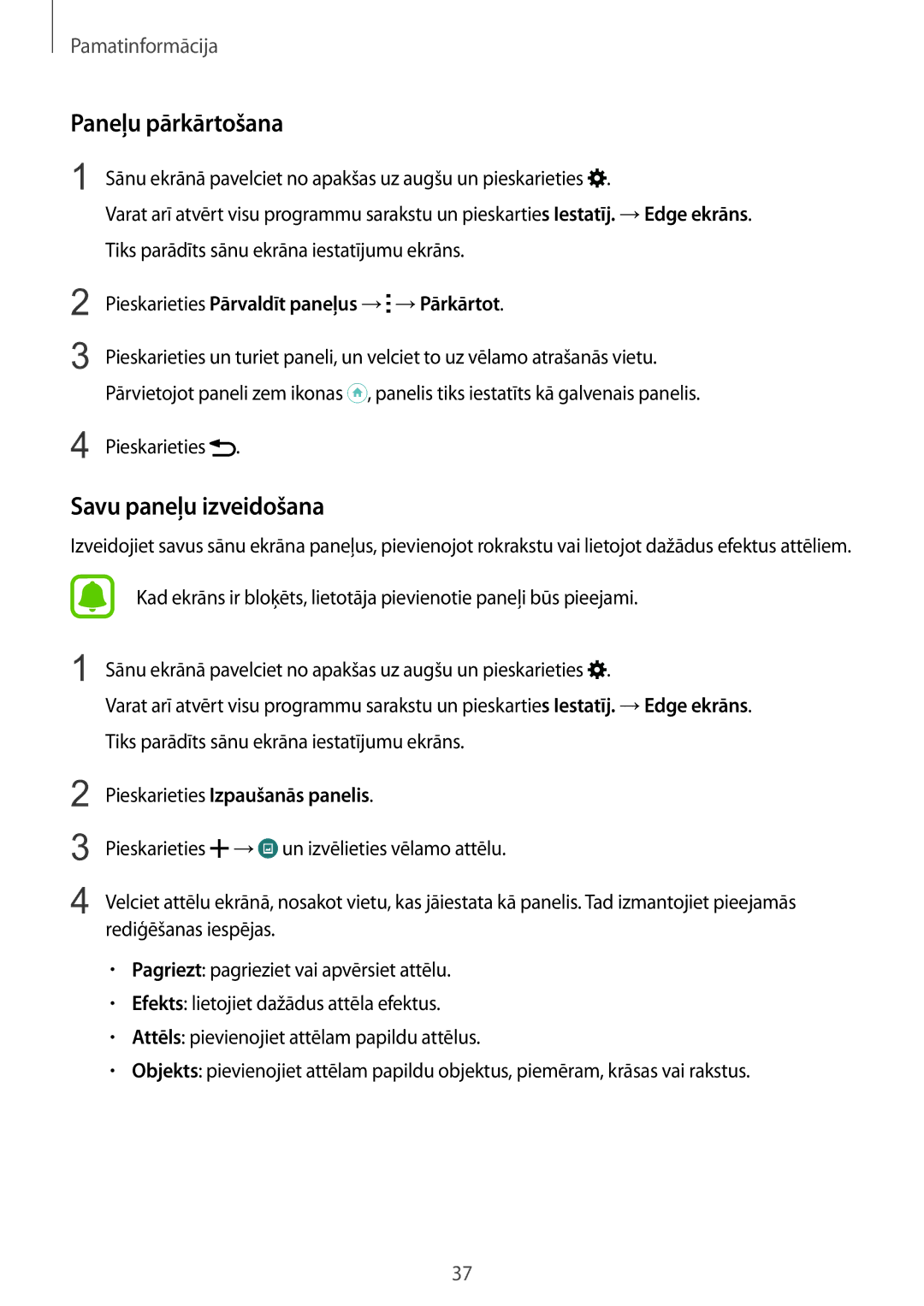 Samsung SM-N915FZWYSEB, SM-N915FZKYSEB manual Paneļu pārkārtošana, Savu paneļu izveidošana, Pieskarieties 