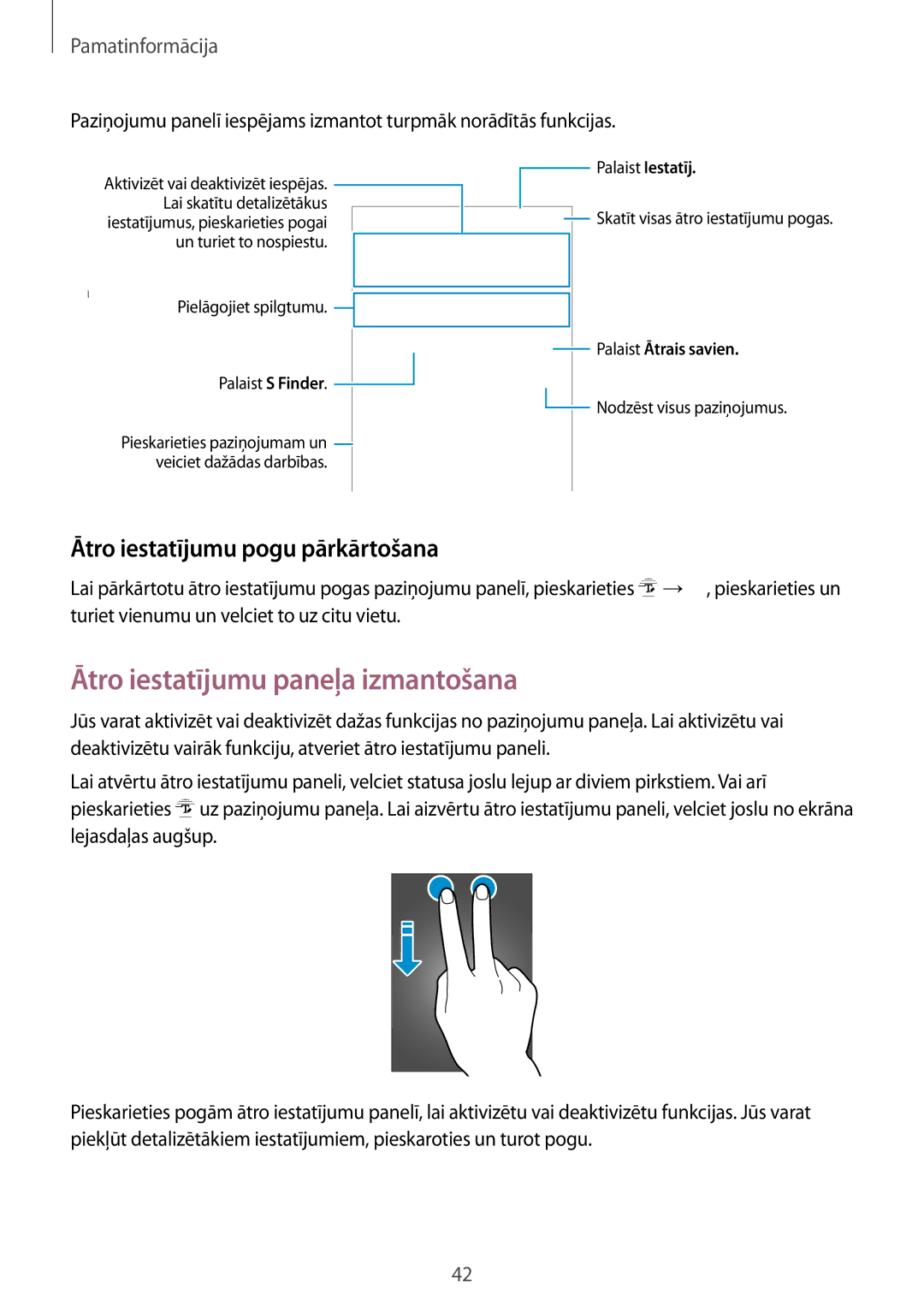 Samsung SM-N915FZKYSEB, SM-N915FZWYSEB manual Ātro iestatījumu paneļa izmantošana, Ātro iestatījumu pogu pārkārtošana 