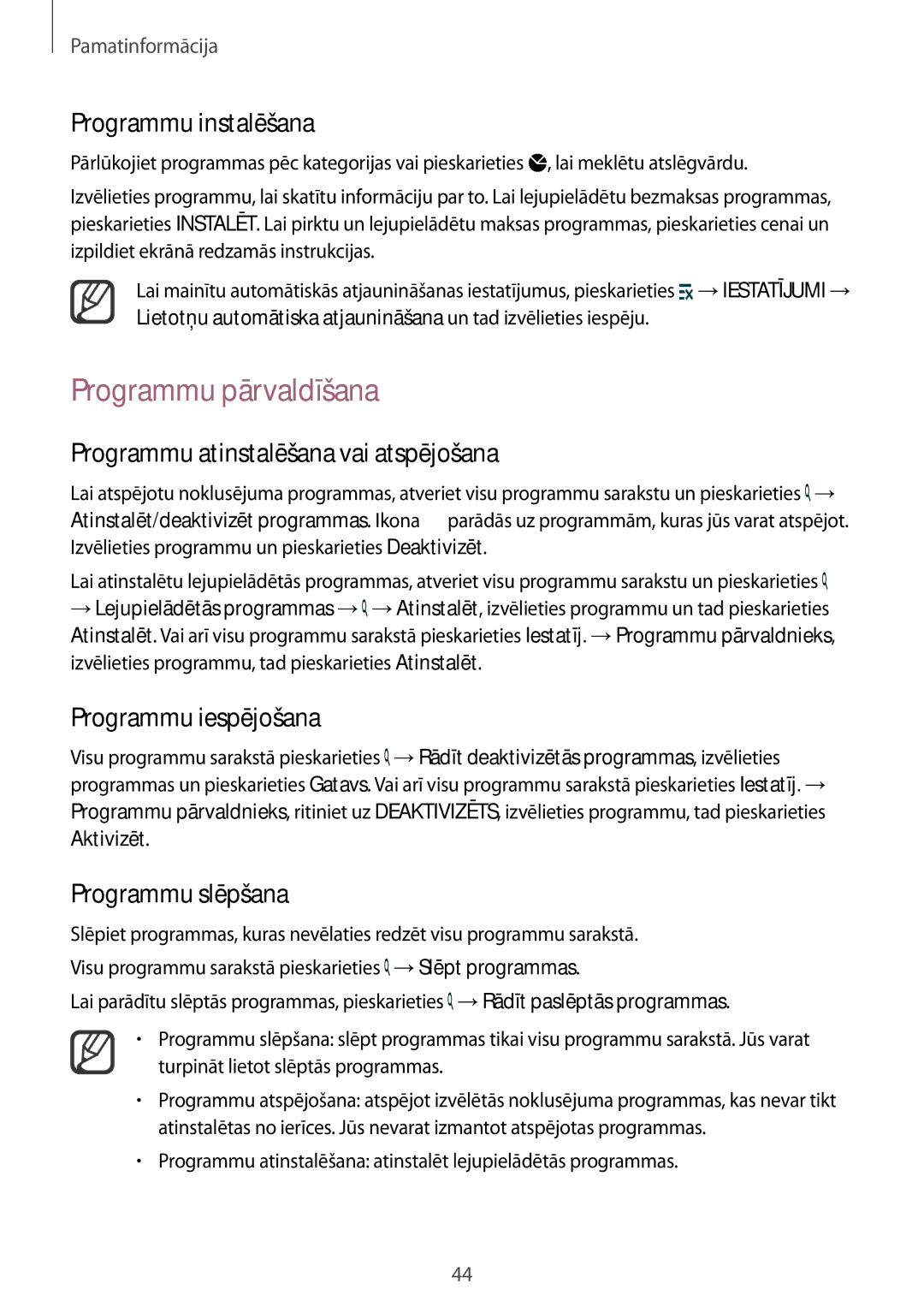 Samsung SM-N915FZKYSEB manual Programmu pārvaldīšana, Programmu atinstalēšana vai atspējošana, Programmu iespējošana 