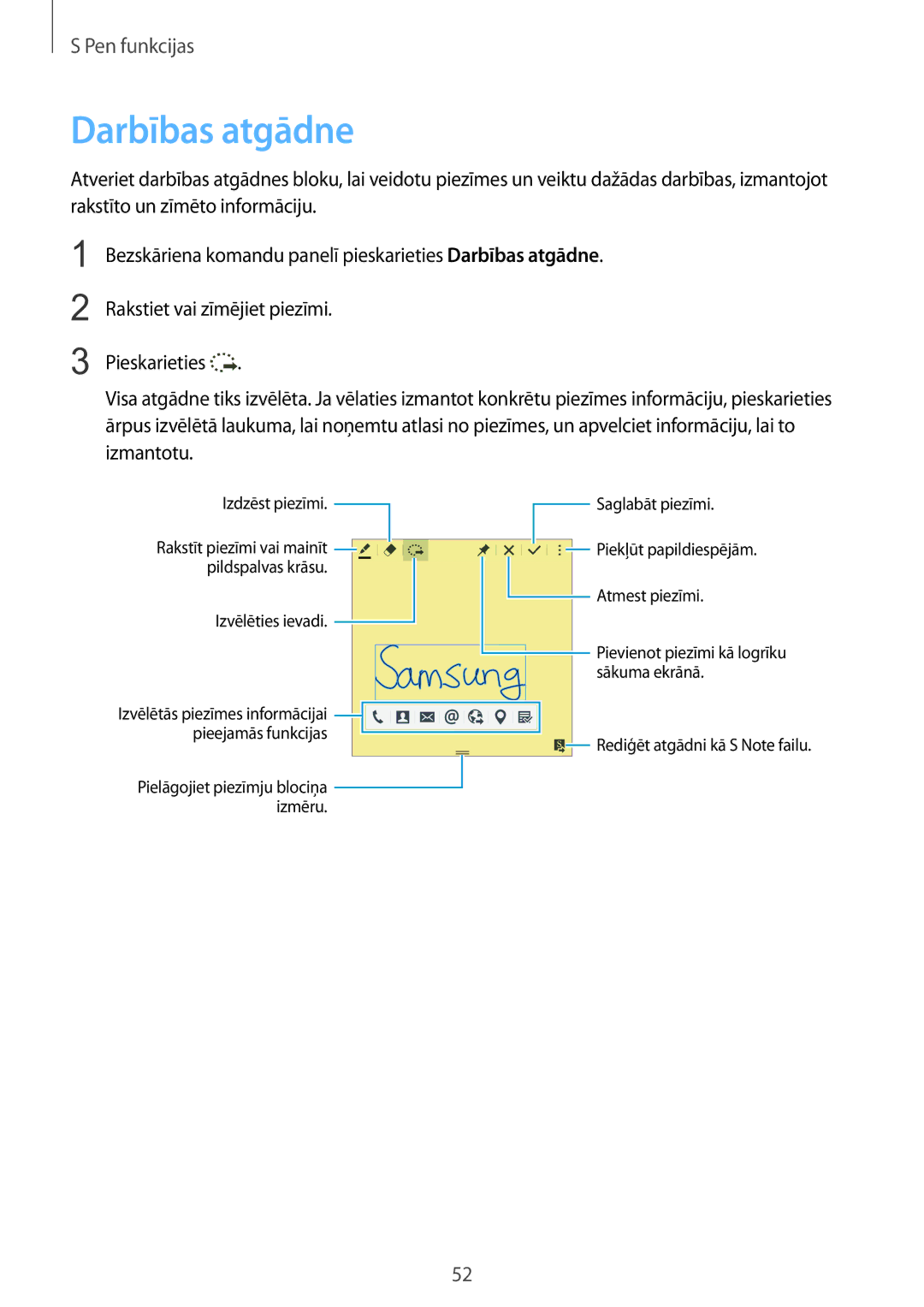 Samsung SM-N915FZKYSEB, SM-N915FZWYSEB manual Darbības atgādne 