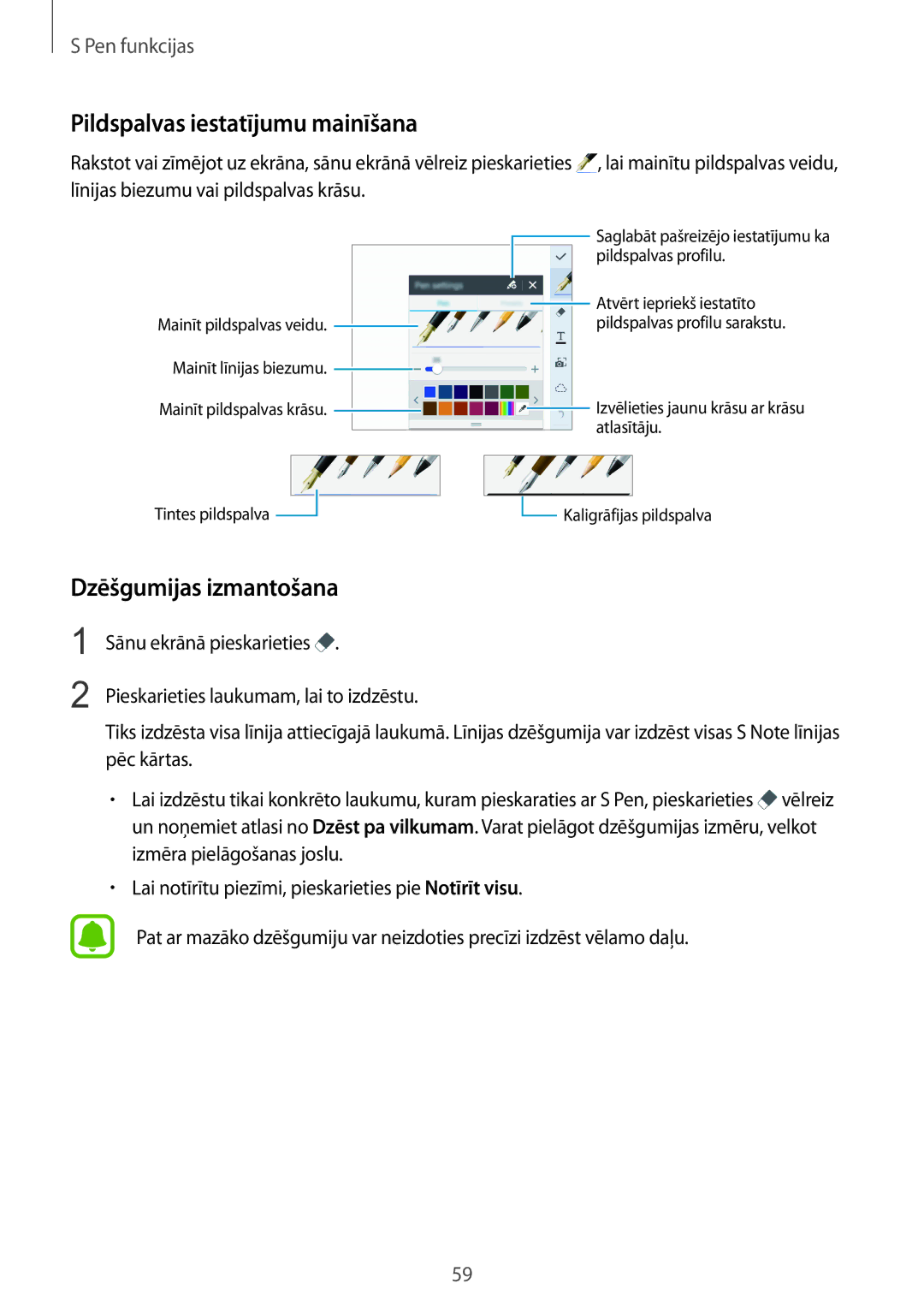 Samsung SM-N915FZWYSEB, SM-N915FZKYSEB manual Pildspalvas iestatījumu mainīšana, Dzēšgumijas izmantošana 