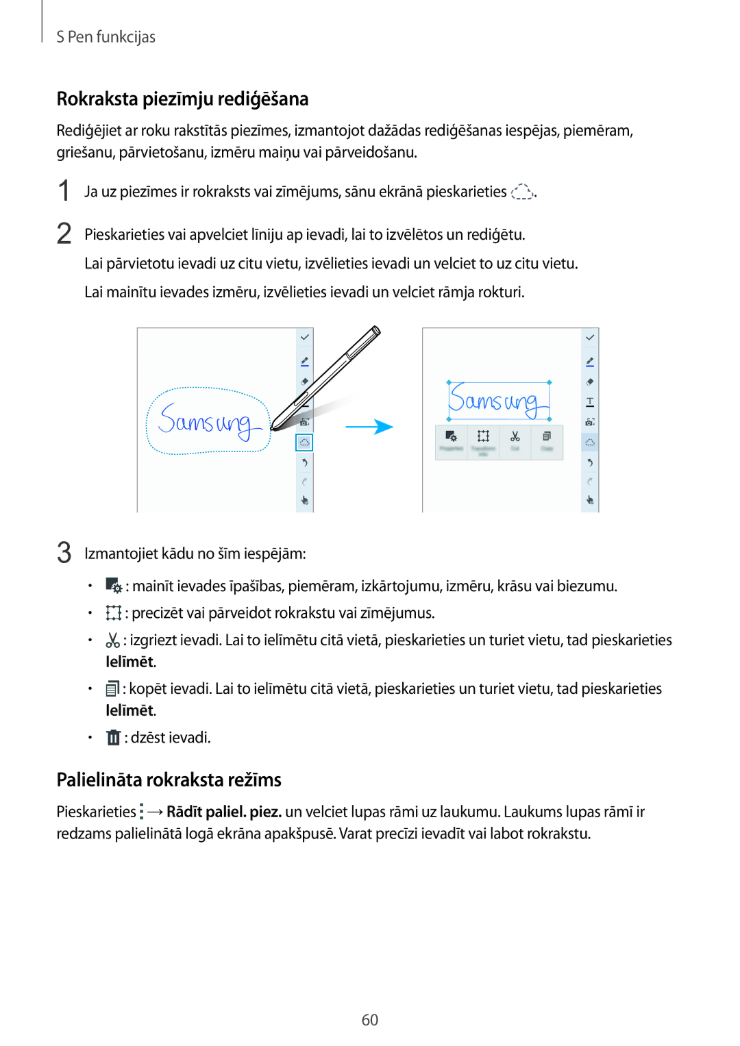 Samsung SM-N915FZKYSEB, SM-N915FZWYSEB manual Rokraksta piezīmju rediģēšana, Palielināta rokraksta režīms 