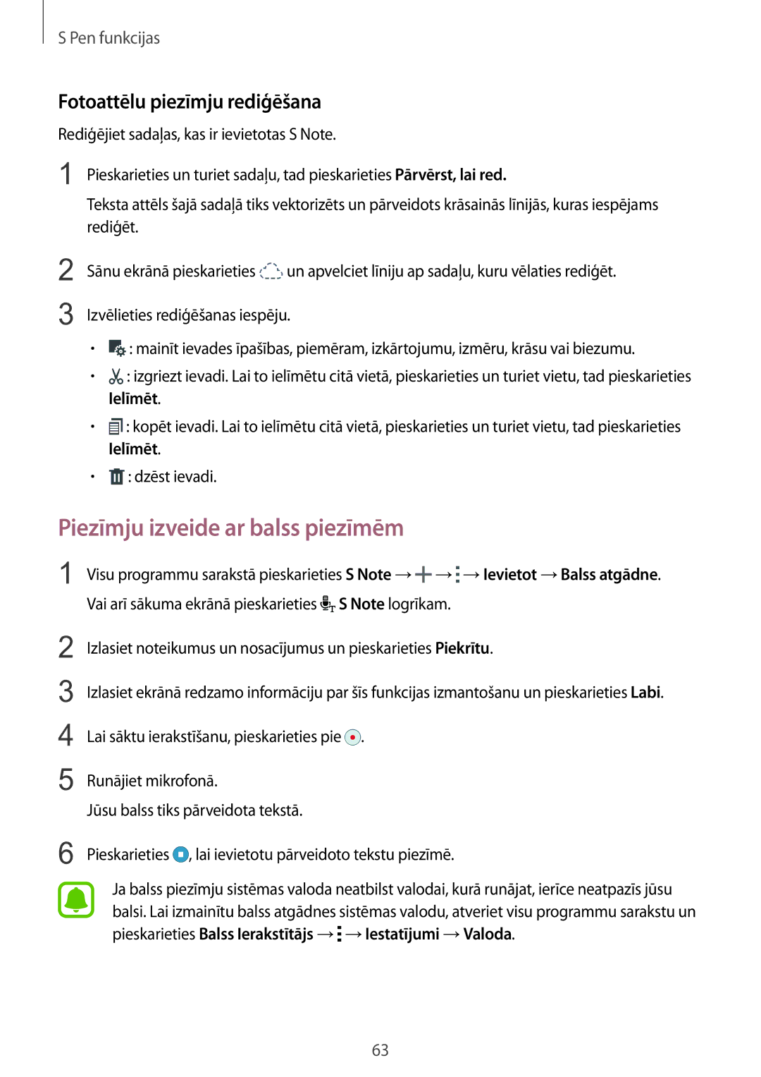 Samsung SM-N915FZWYSEB, SM-N915FZKYSEB manual Piezīmju izveide ar balss piezīmēm, Fotoattēlu piezīmju rediģēšana 