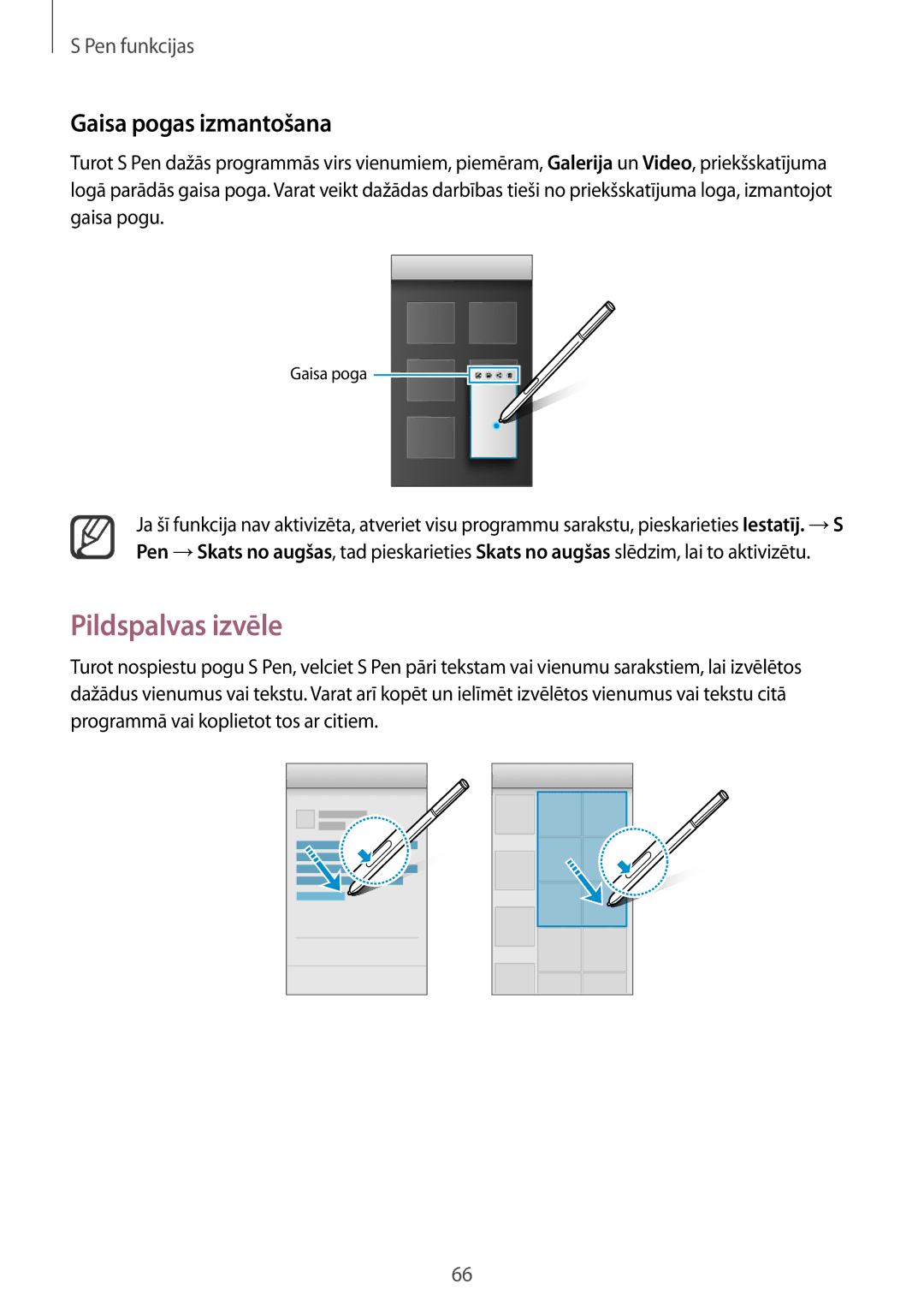 Samsung SM-N915FZKYSEB, SM-N915FZWYSEB manual Pildspalvas izvēle, Gaisa pogas izmantošana 