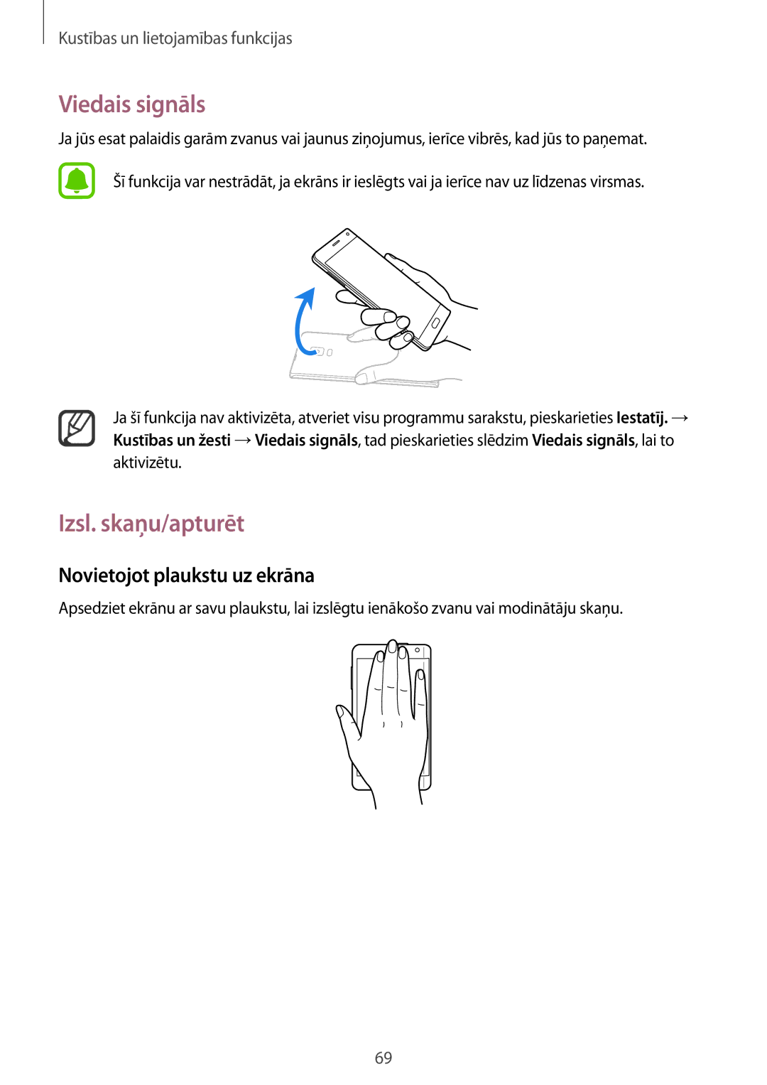 Samsung SM-N915FZWYSEB, SM-N915FZKYSEB manual Viedais signāls, Izsl. skaņu/apturēt, Novietojot plaukstu uz ekrāna 