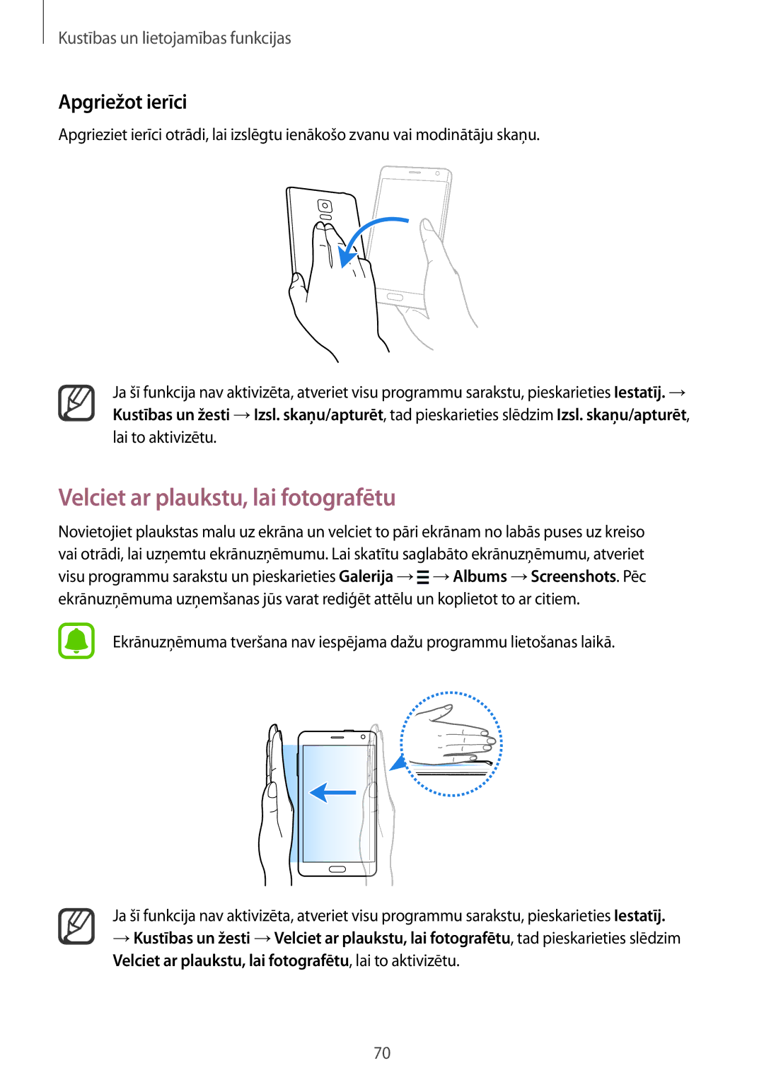 Samsung SM-N915FZKYSEB, SM-N915FZWYSEB manual Velciet ar plaukstu, lai fotografētu, Apgriežot ierīci 