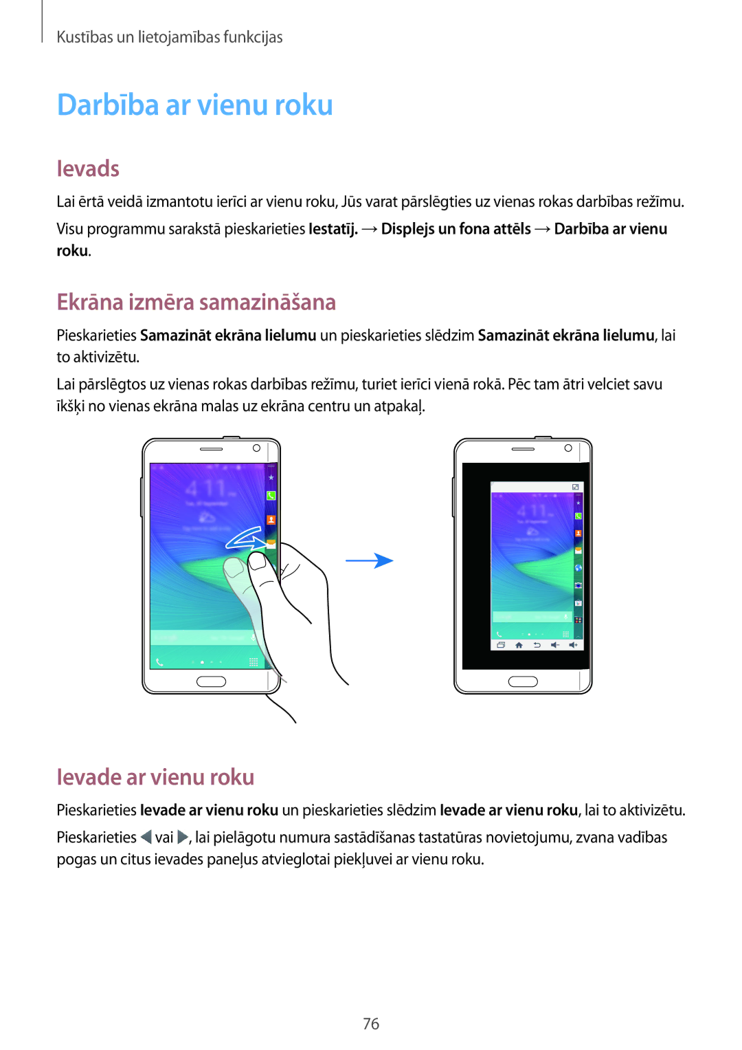 Samsung SM-N915FZKYSEB, SM-N915FZWYSEB manual Darbība ar vienu roku, Ekrāna izmēra samazināšana, Ievade ar vienu roku 