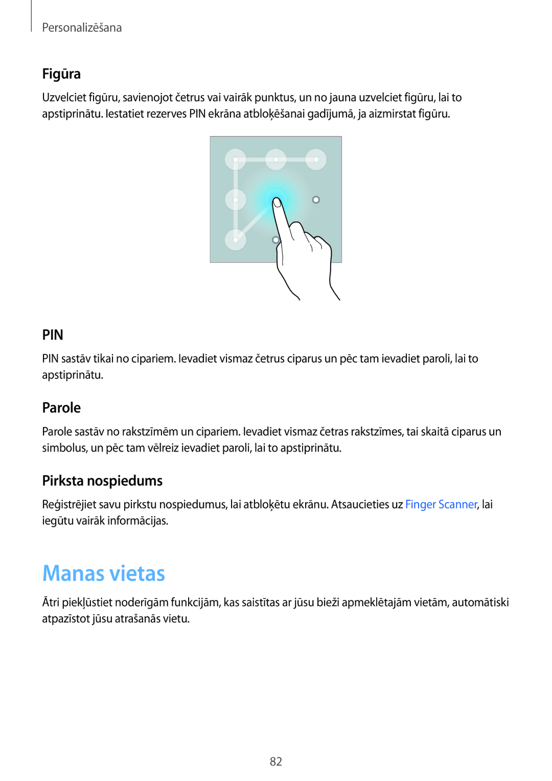 Samsung SM-N915FZKYSEB, SM-N915FZWYSEB manual Manas vietas, Figūra, Parole, Pirksta nospiedums 