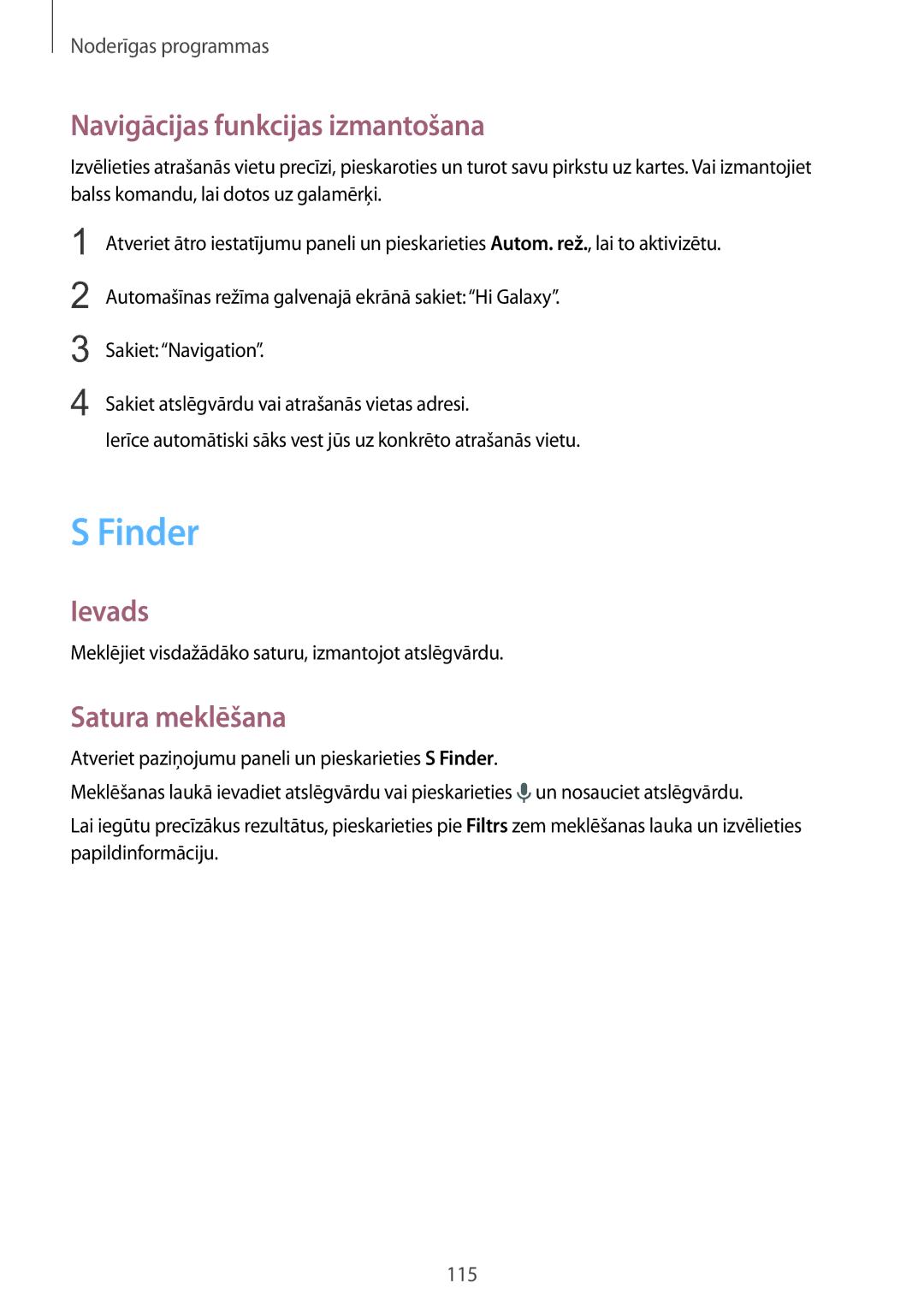 Samsung SM-N915FZWYSEB, SM-N915FZKYSEB manual Finder, Navigācijas funkcijas izmantošana, Satura meklēšana 