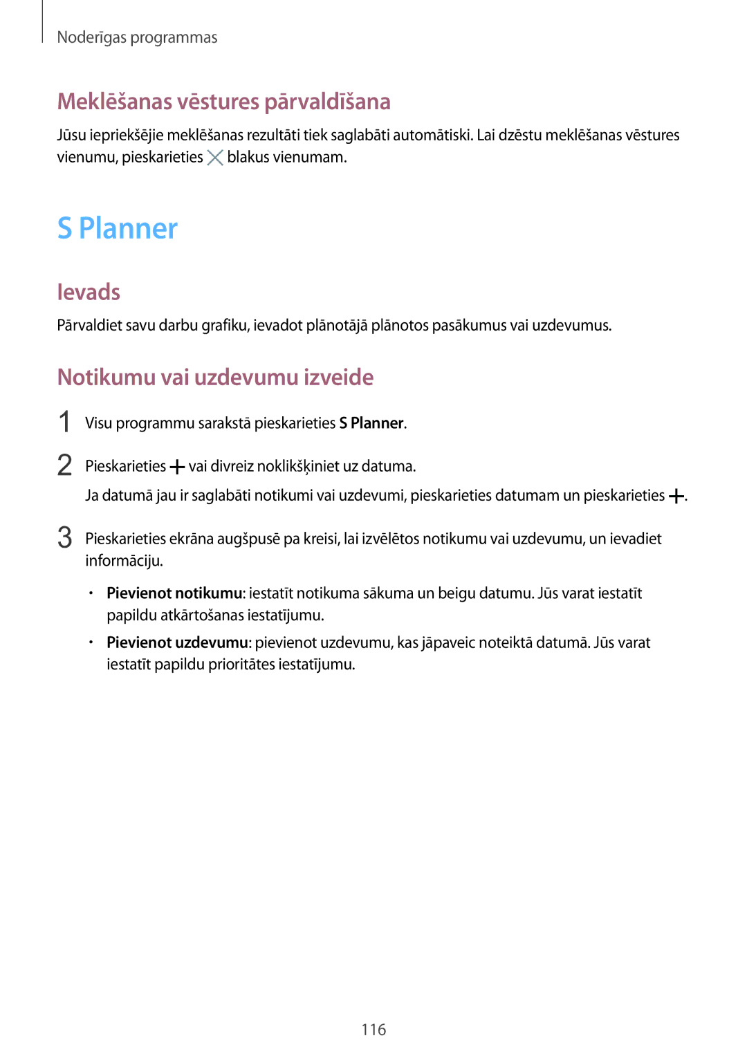 Samsung SM-N915FZKYSEB, SM-N915FZWYSEB manual Planner, Meklēšanas vēstures pārvaldīšana, Notikumu vai uzdevumu izveide 