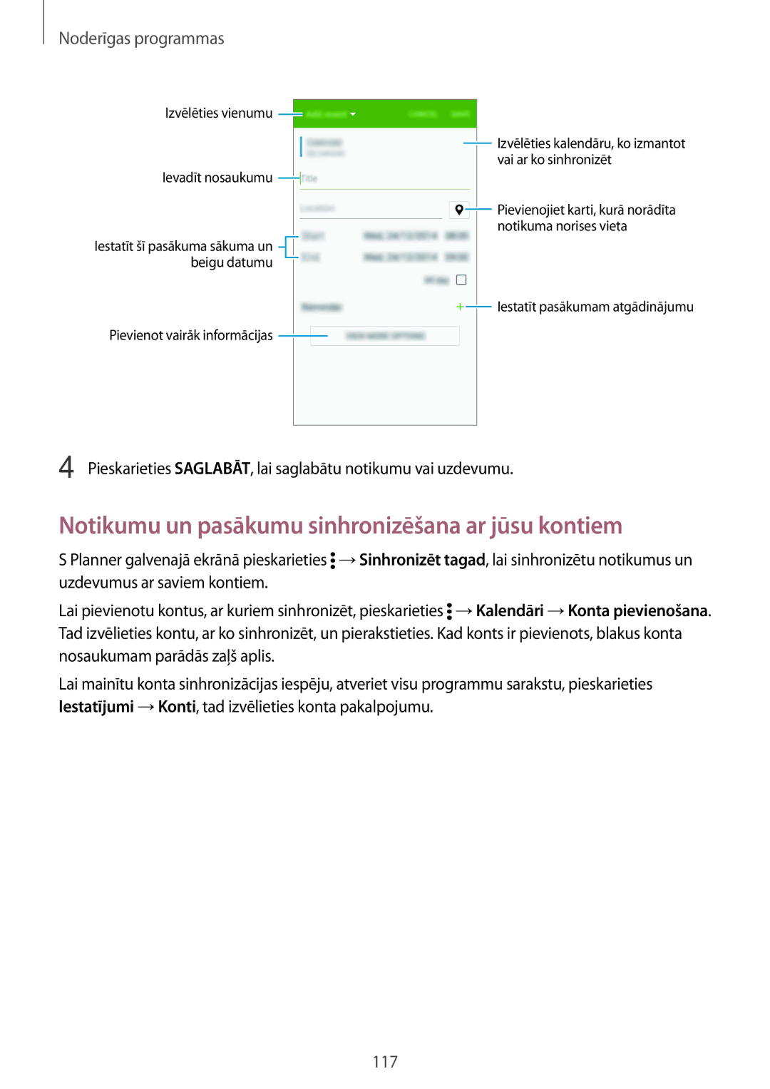 Samsung SM-N915FZWYSEB, SM-N915FZKYSEB manual Notikumu un pasākumu sinhronizēšana ar jūsu kontiem 