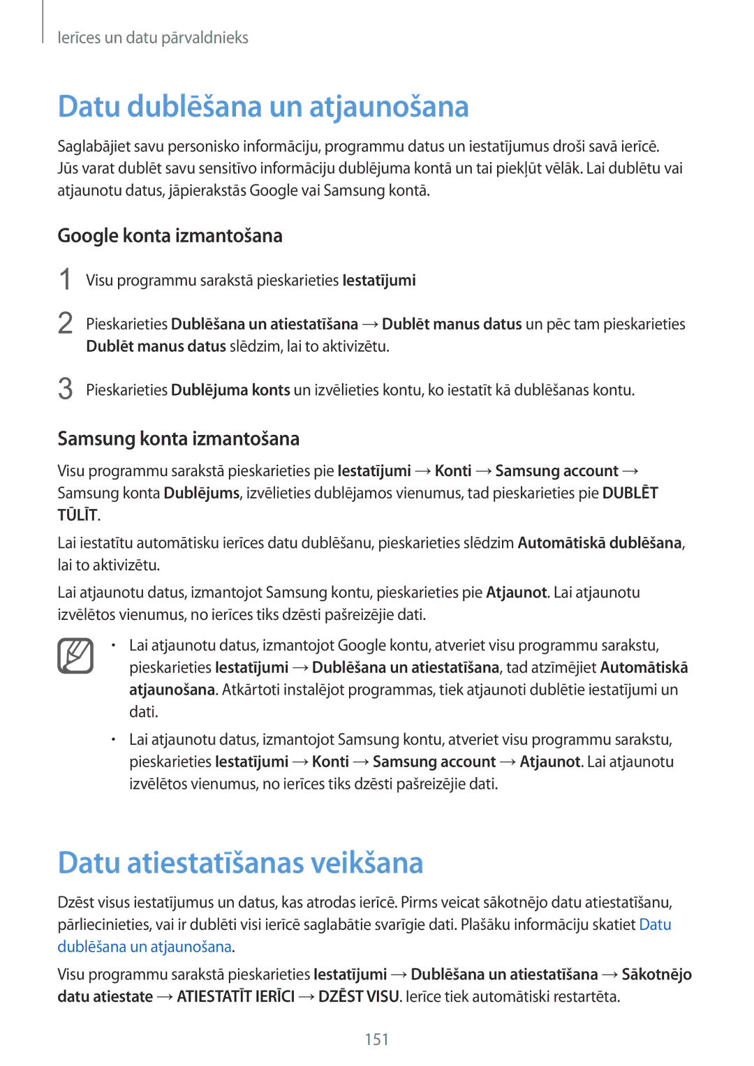 Samsung SM-N915FZWYSEB manual Datu dublēšana un atjaunošana, Datu atiestatīšanas veikšana, Google konta izmantošana 