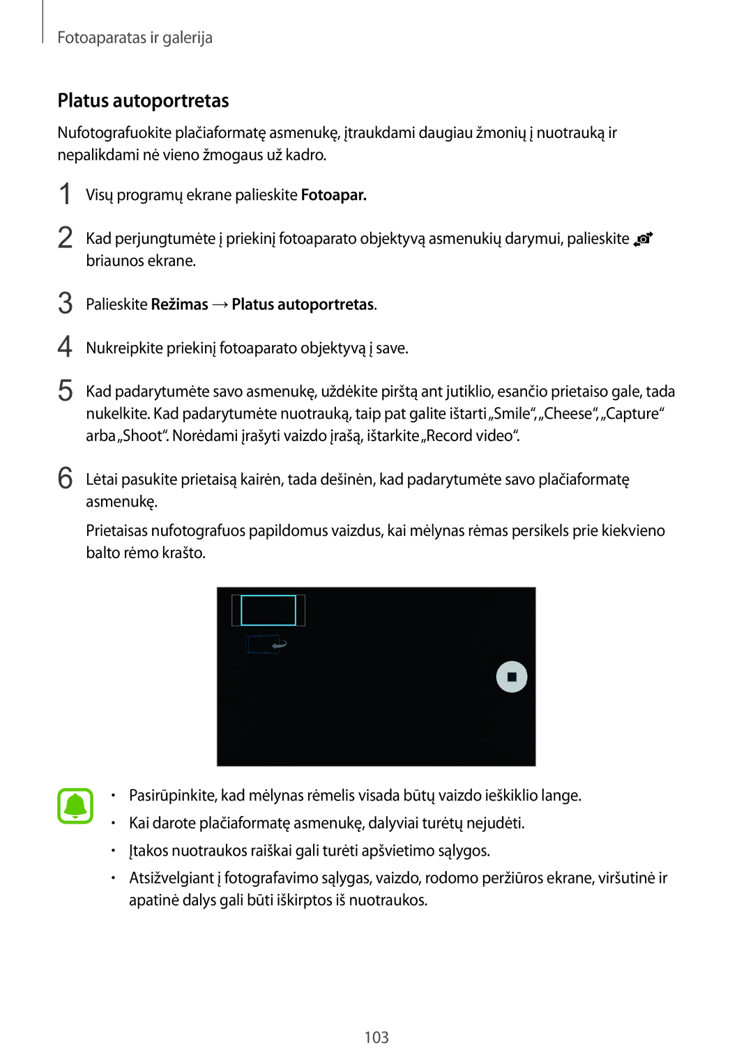 Samsung SM-N915FZWYSEB, SM-N915FZKYSEB manual Palieskite Režimas →Platus autoportretas 