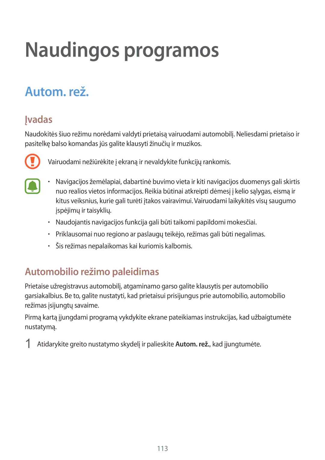 Samsung SM-N915FZWYSEB, SM-N915FZKYSEB manual Naudingos programos, Autom. rež, Automobilio režimo paleidimas 