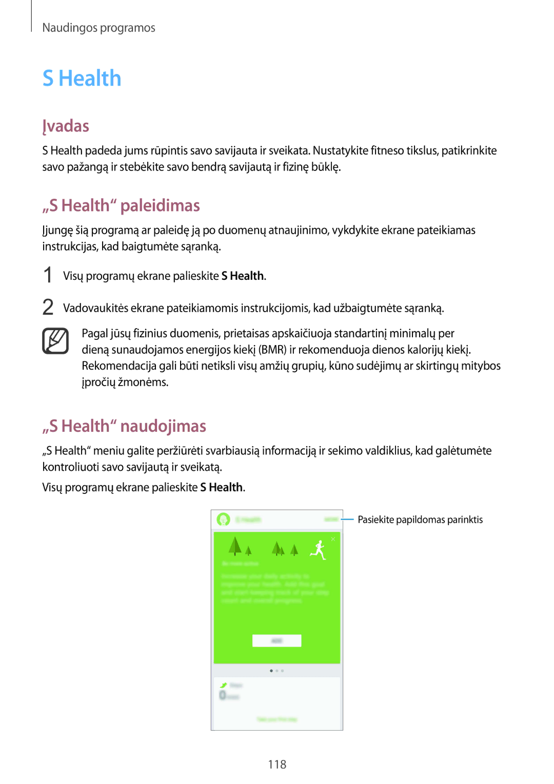 Samsung SM-N915FZKYSEB, SM-N915FZWYSEB manual „S Health paleidimas, „S Health naudojimas 