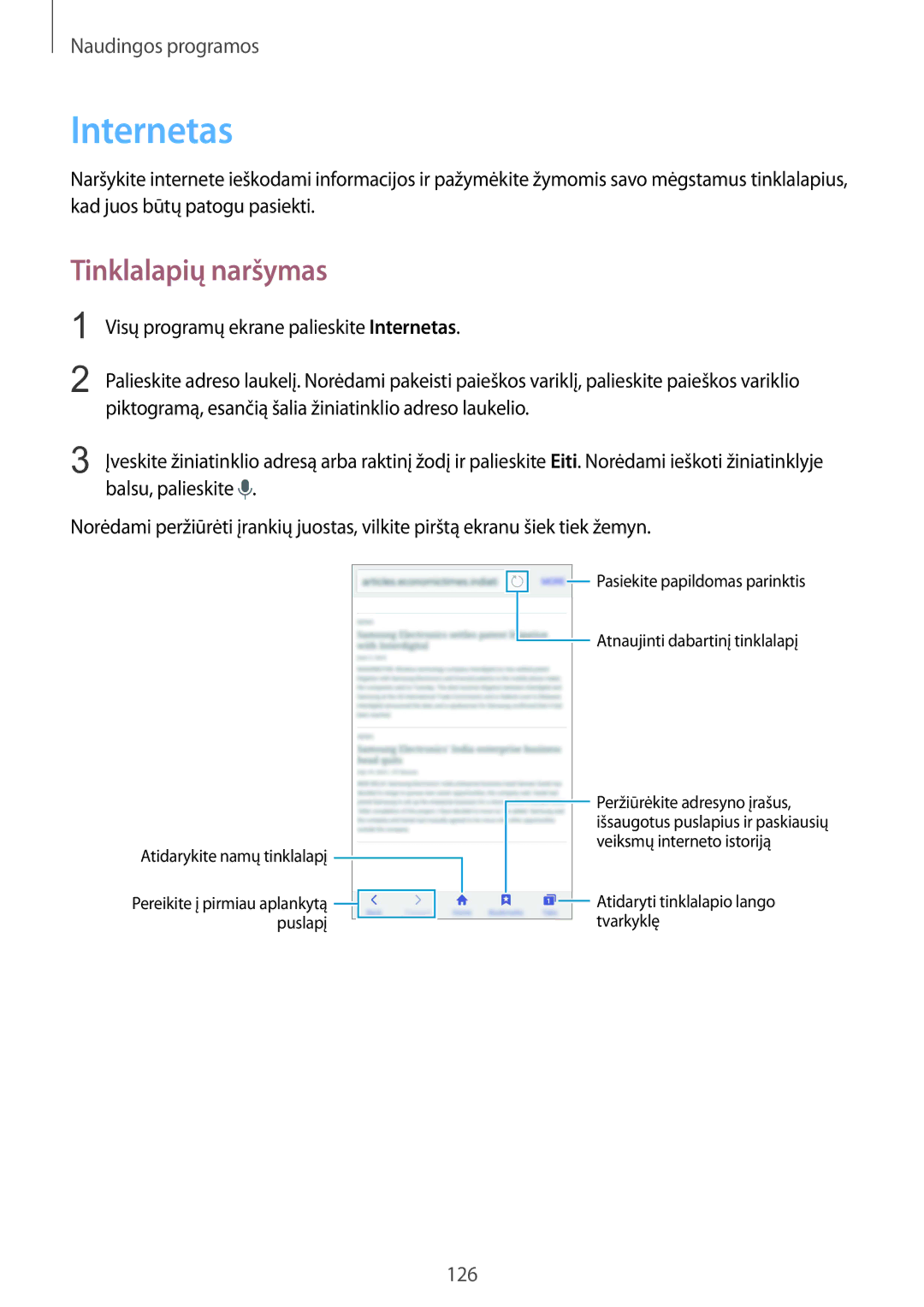 Samsung SM-N915FZKYSEB, SM-N915FZWYSEB manual Internetas, Tinklalapių naršymas 