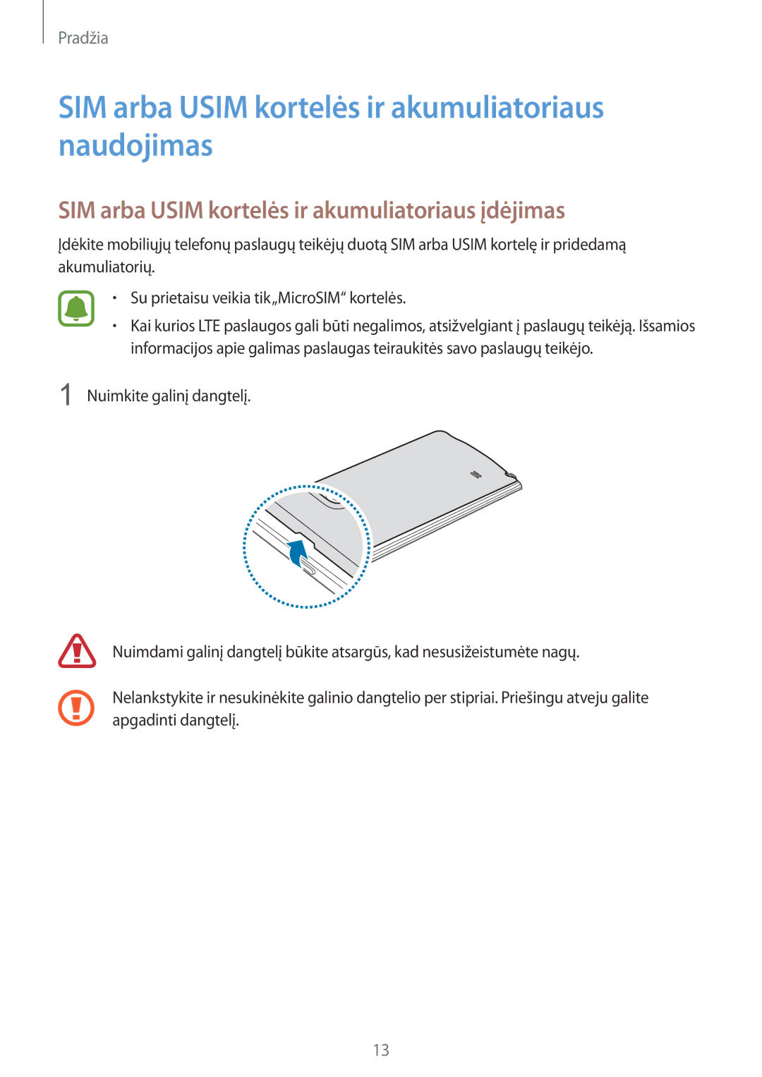 Samsung SM-N915FZWYSEB, SM-N915FZKYSEB manual SIM arba Usim kortelės ir akumuliatoriaus naudojimas 