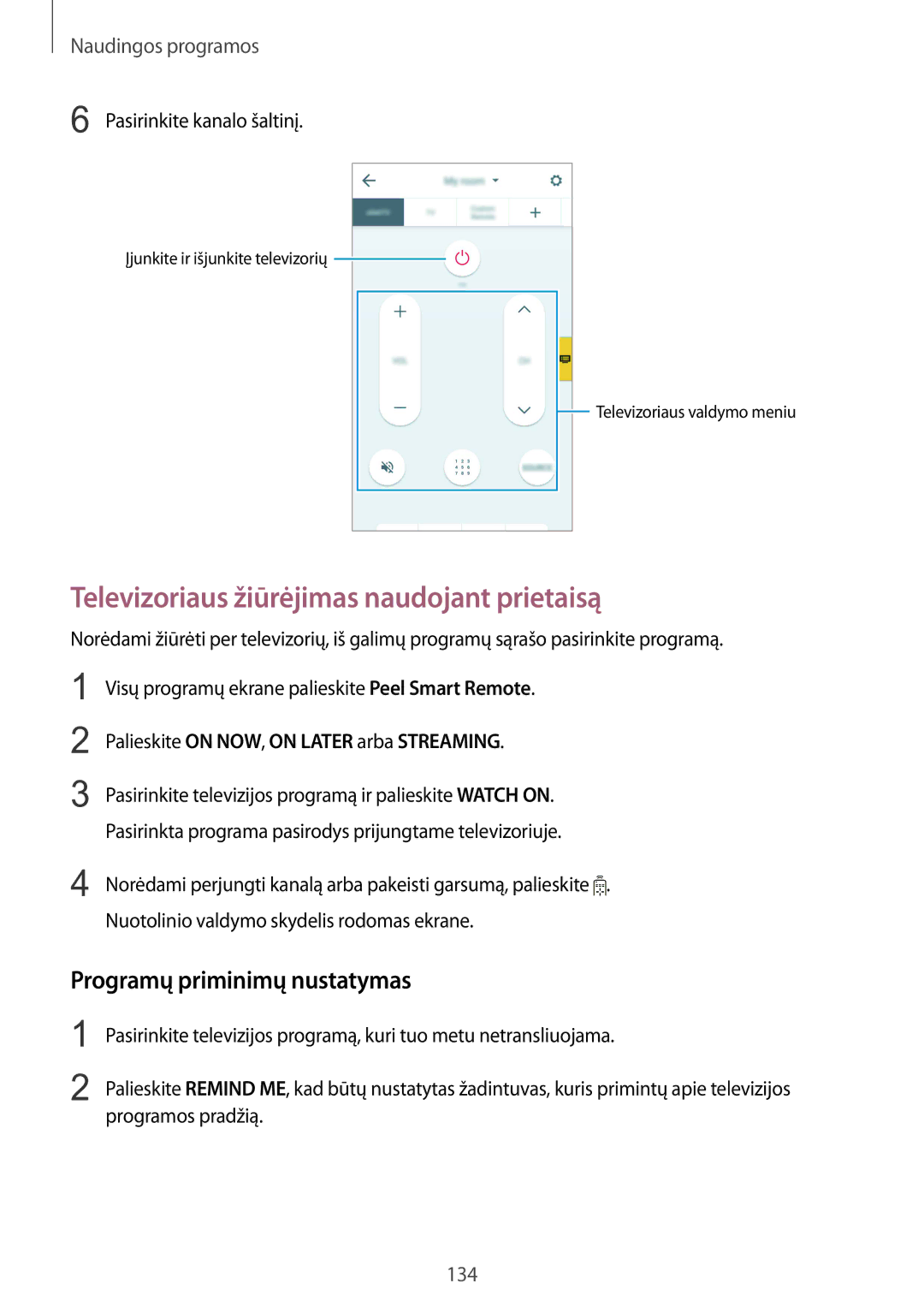 Samsung SM-N915FZKYSEB, SM-N915FZWYSEB manual Televizoriaus žiūrėjimas naudojant prietaisą, Programų priminimų nustatymas 