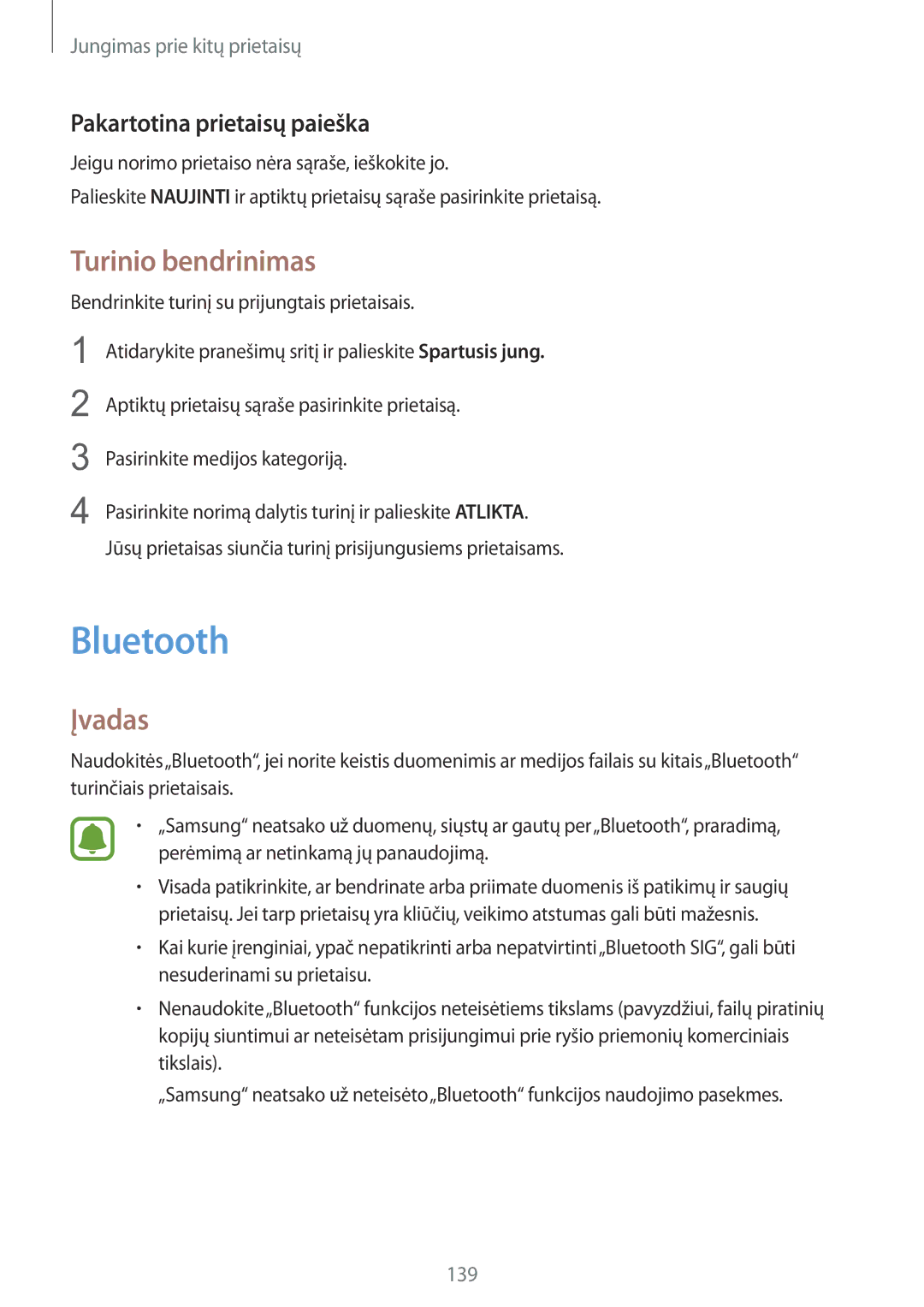 Samsung SM-N915FZWYSEB, SM-N915FZKYSEB manual Bluetooth, Turinio bendrinimas, Pakartotina prietaisų paieška 