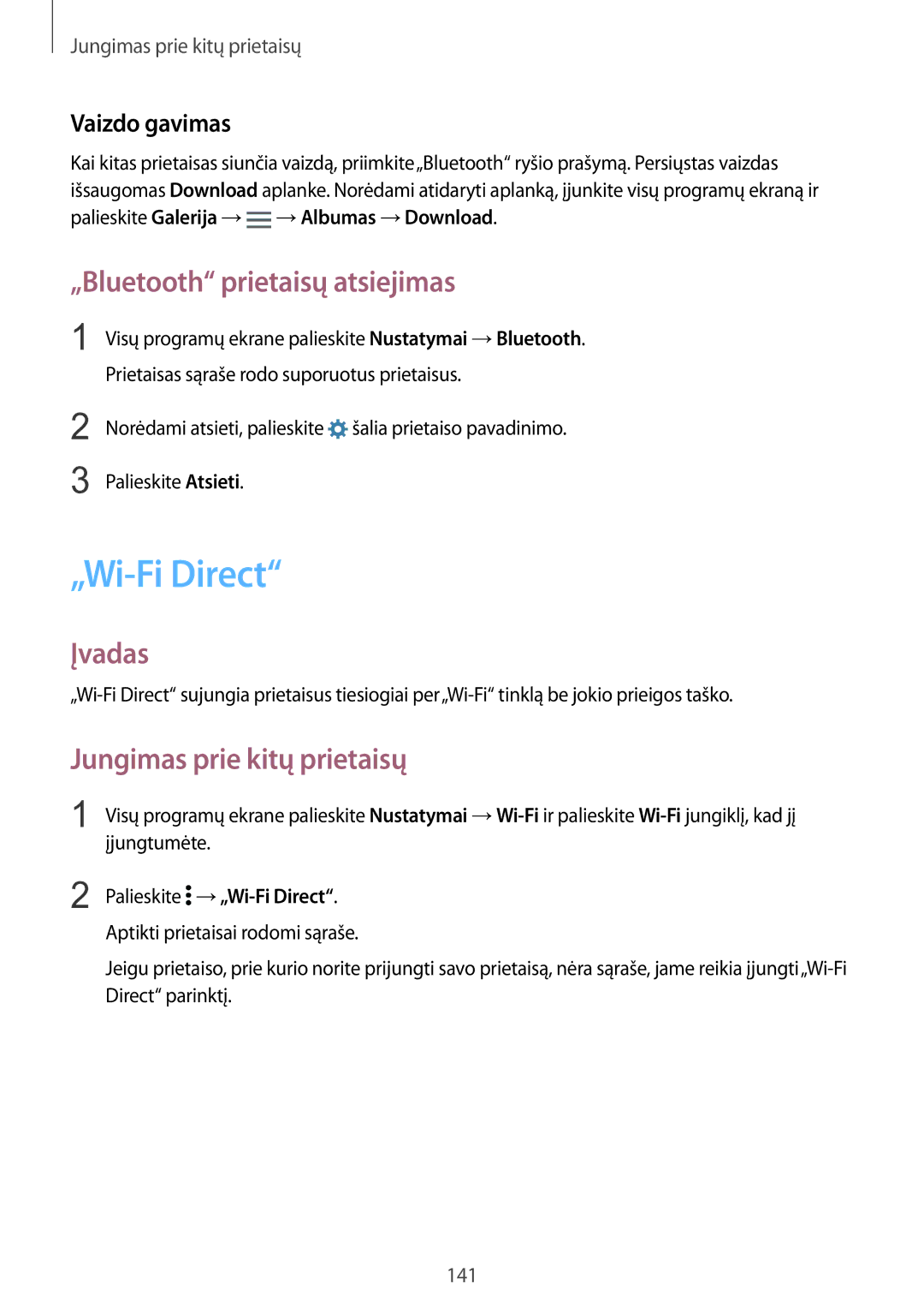 Samsung SM-N915FZWYSEB, SM-N915FZKYSEB manual „Bluetooth prietaisų atsiejimas, Vaizdo gavimas, Palieskite →„Wi-Fi Direct 