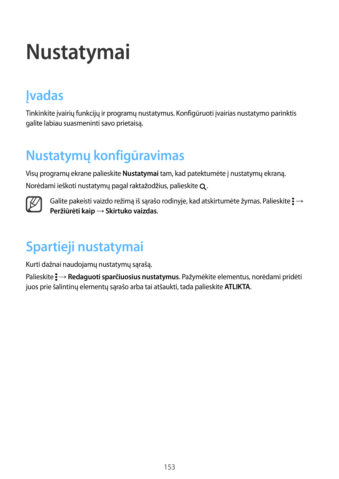 Samsung SM-N915FZWYSEB, SM-N915FZKYSEB manual Nustatymai, Įvadas, Nustatymų konfigūravimas, Spartieji nustatymai 