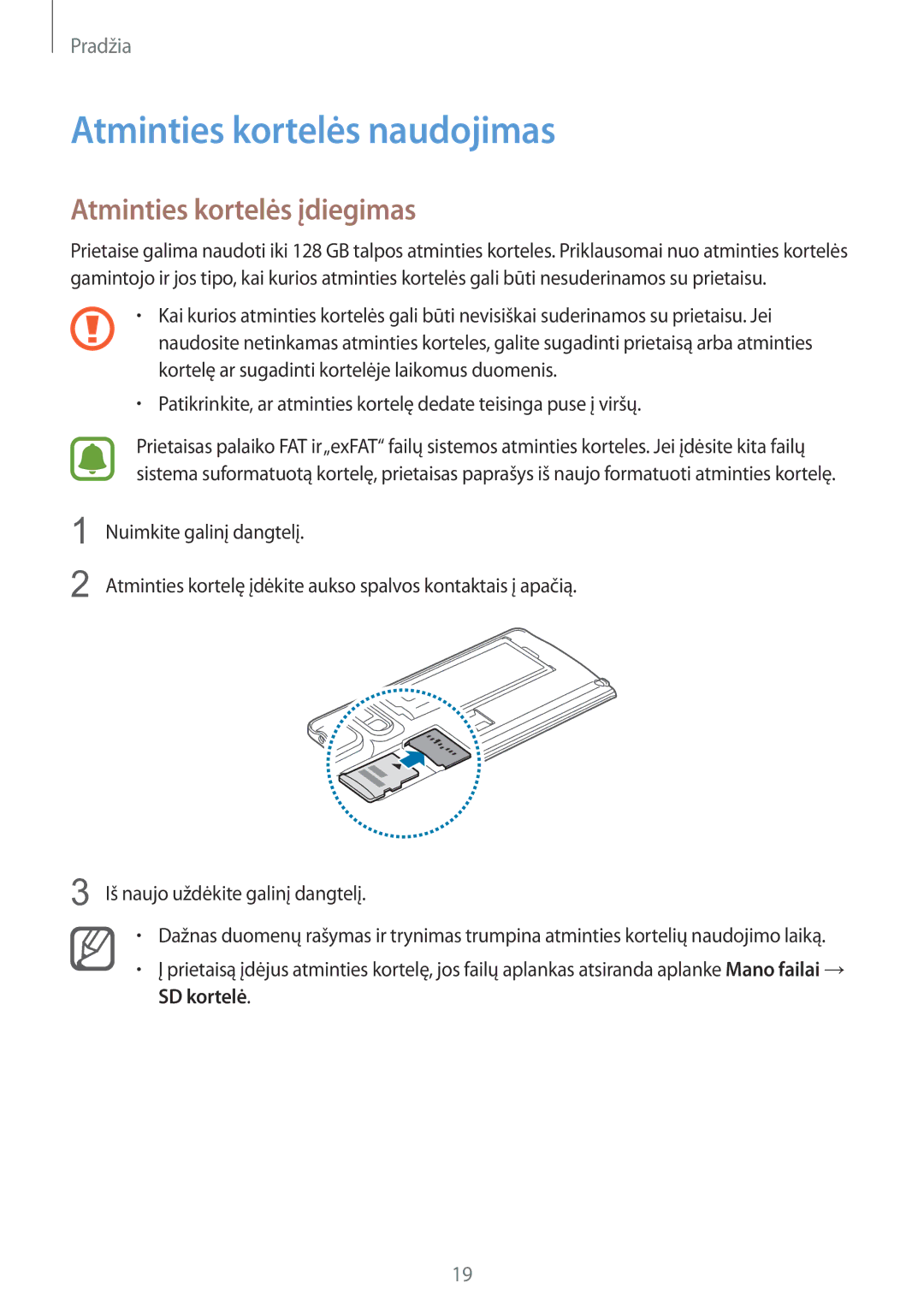 Samsung SM-N915FZWYSEB, SM-N915FZKYSEB manual Atminties kortelės naudojimas, Atminties kortelės įdiegimas 