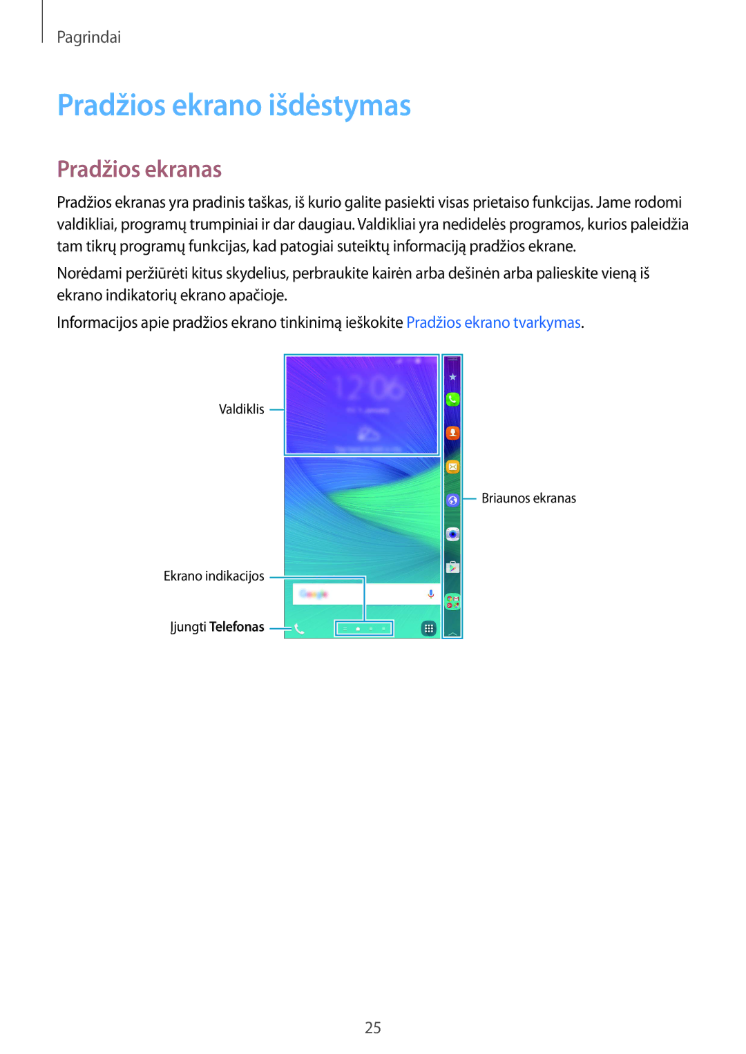 Samsung SM-N915FZWYSEB, SM-N915FZKYSEB manual Pradžios ekrano išdėstymas, Pradžios ekranas 