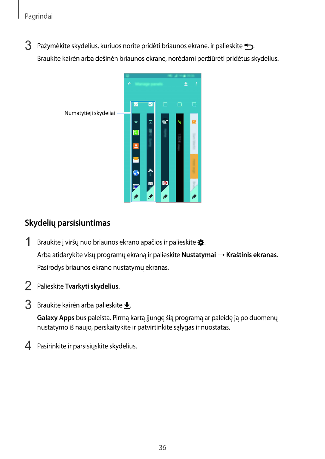 Samsung SM-N915FZKYSEB Skydelių parsisiuntimas, Braukite kairėn arba palieskite, Pasirinkite ir parsisiųskite skydelius 