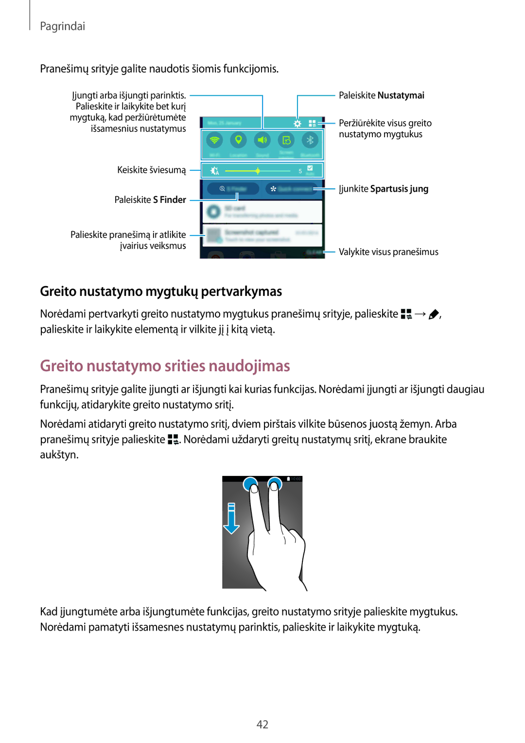 Samsung SM-N915FZKYSEB, SM-N915FZWYSEB manual Greito nustatymo srities naudojimas, Greito nustatymo mygtukų pertvarkymas 