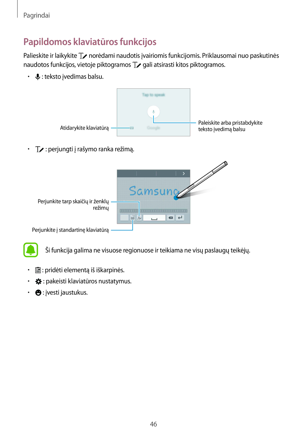 Samsung SM-N915FZKYSEB manual Papildomos klaviatūros funkcijos, Teksto įvedimas balsu, Perjungti į rašymo ranka režimą 