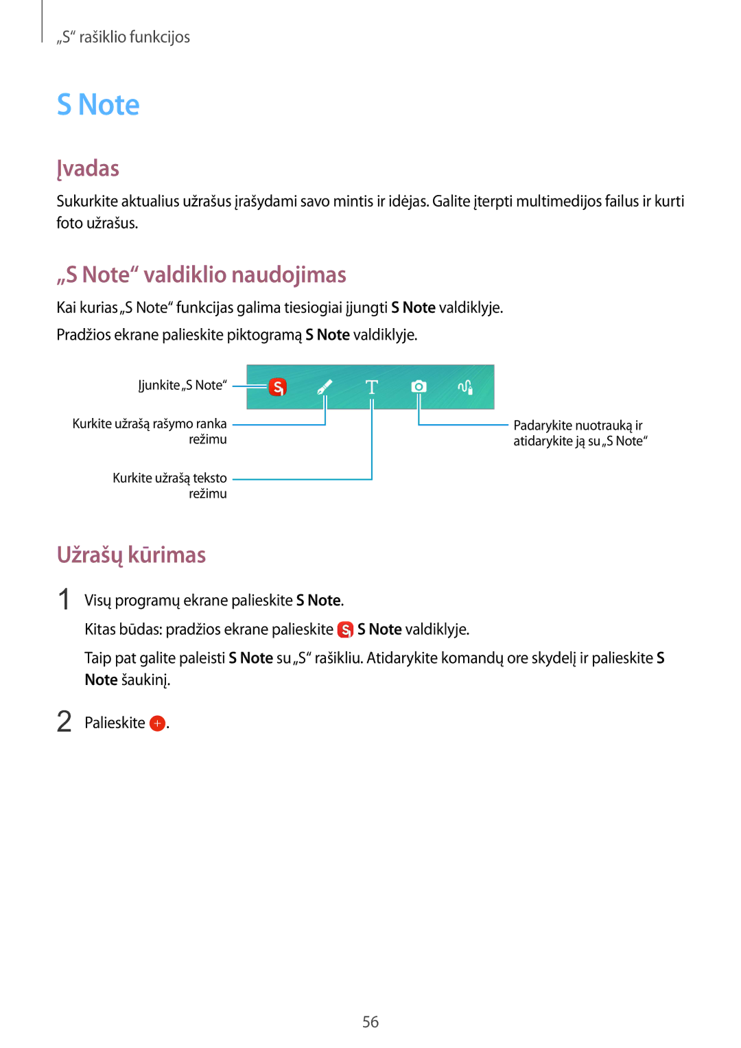 Samsung SM-N915FZKYSEB, SM-N915FZWYSEB manual „S Note valdiklio naudojimas, Užrašų kūrimas 