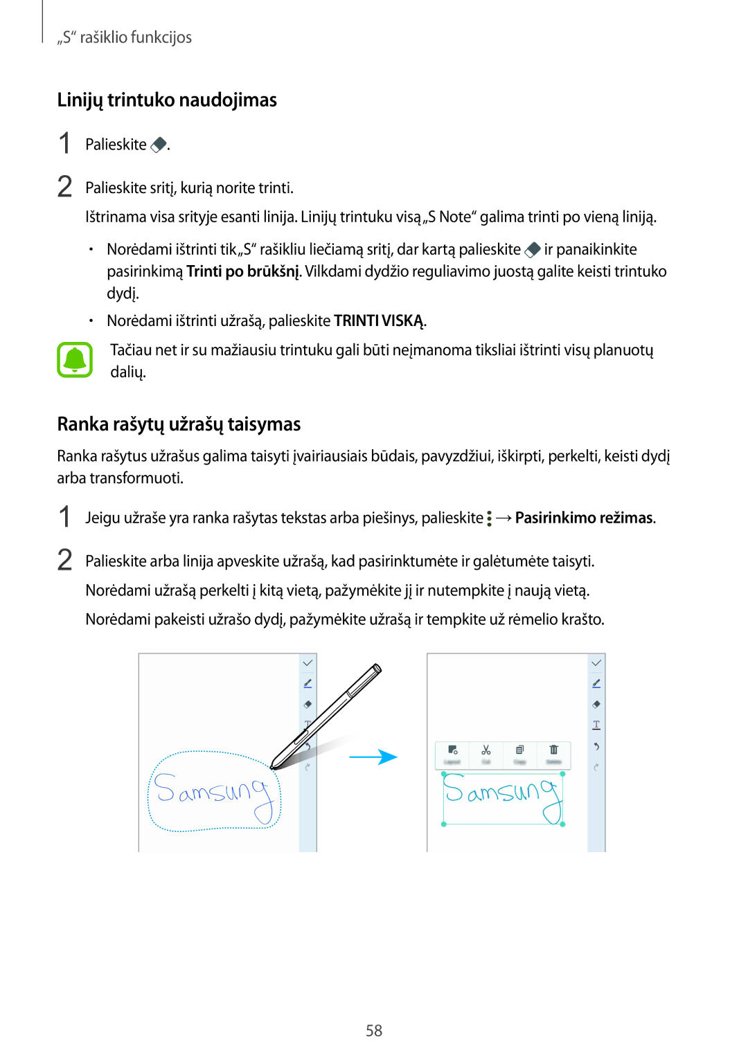 Samsung SM-N915FZKYSEB, SM-N915FZWYSEB manual Linijų trintuko naudojimas, Ranka rašytų užrašų taisymas 